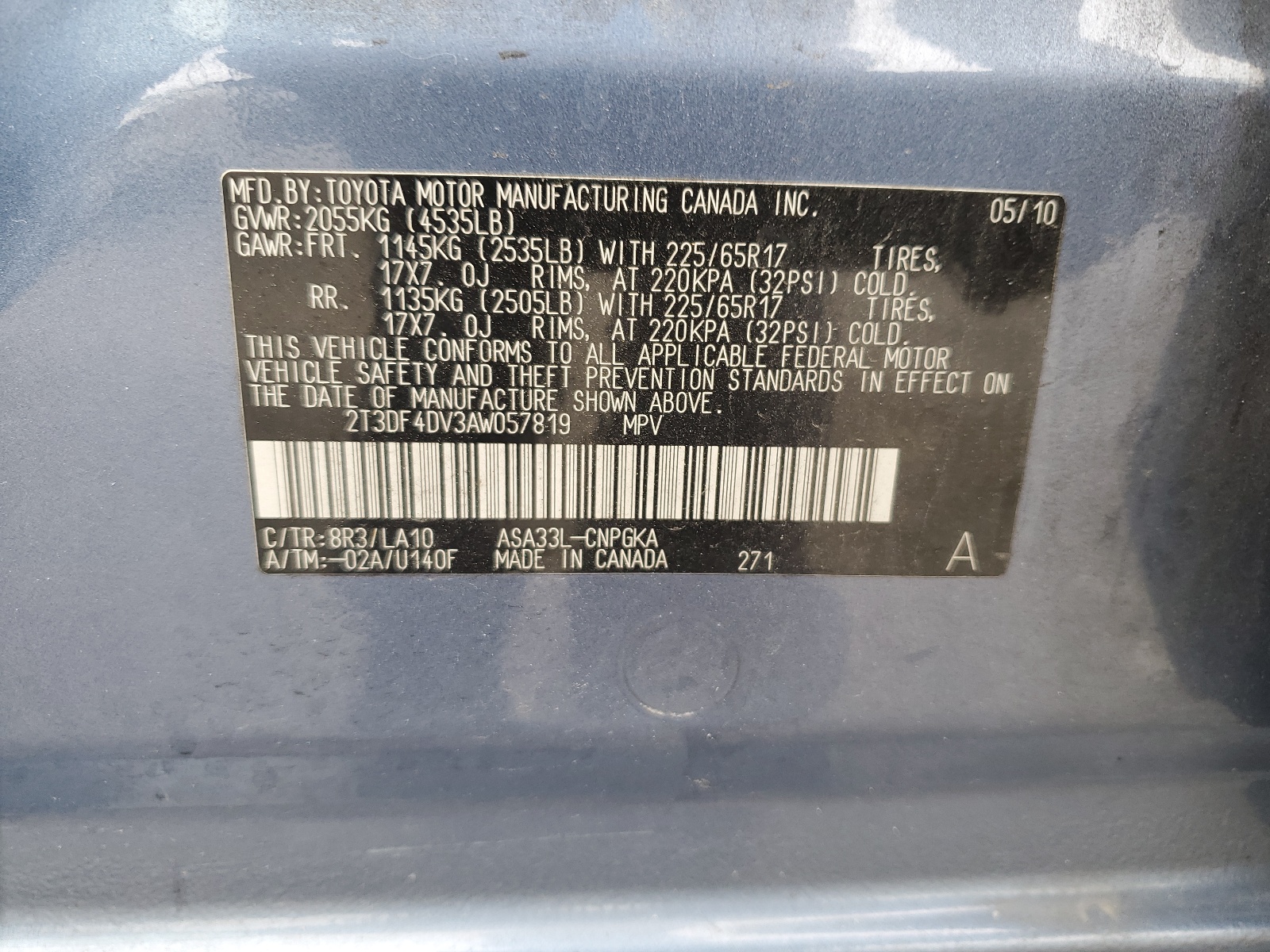 2T3DF4DV3AW057819 2010 Toyota Rav4 Limited