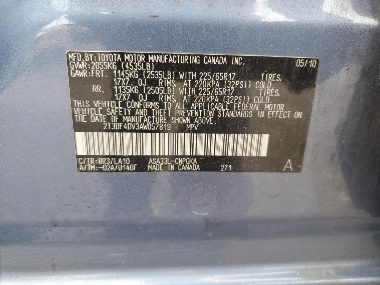 2010 Toyota Rav4 Limited VIN: 2T3DF4DV3AW057819 Lot: 55654674