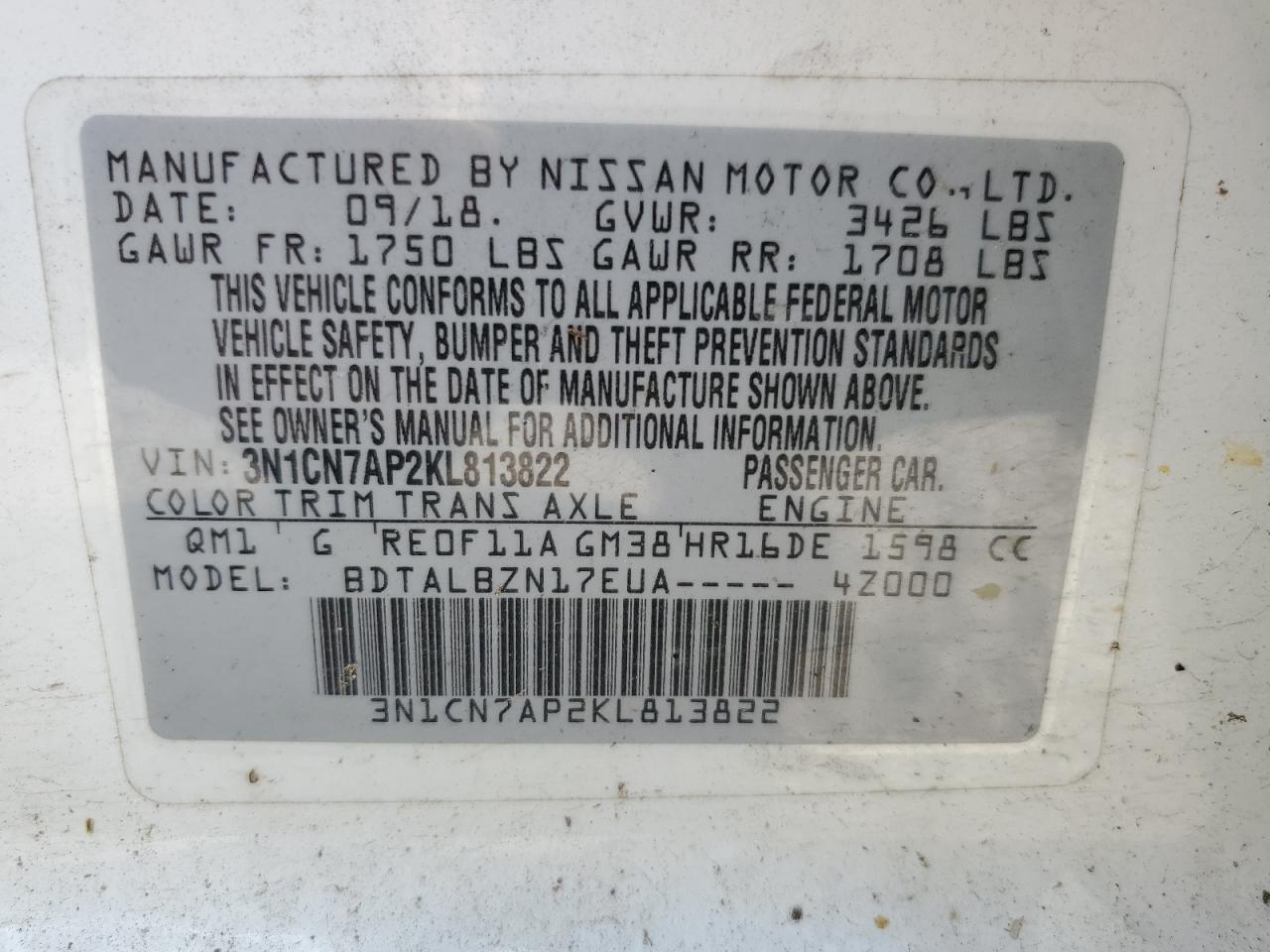 3N1CN7AP2KL813822 2019 Nissan Versa S