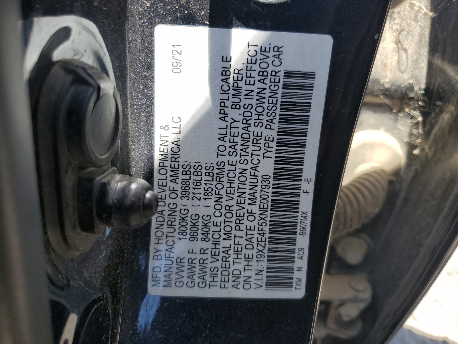 19XZE4F5XNE007930 2022 Honda Insight Ex