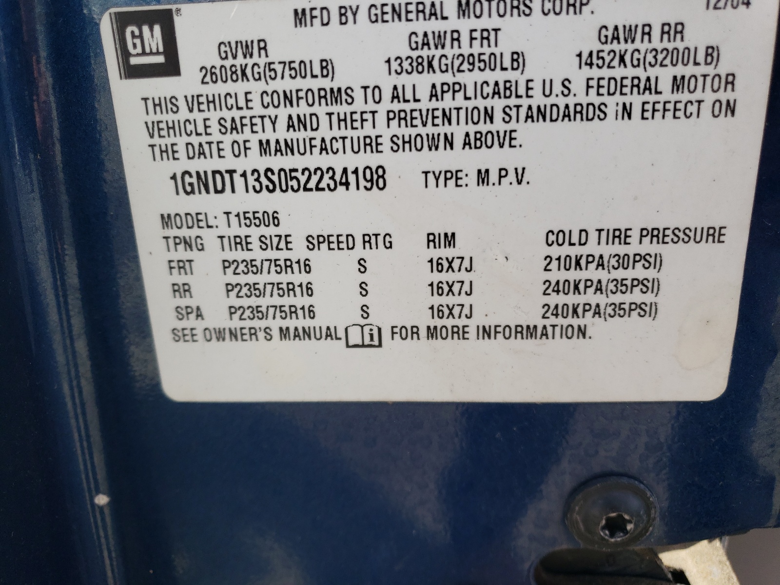 1GNDT13S052234198 2005 Chevrolet Trailblazer Ls