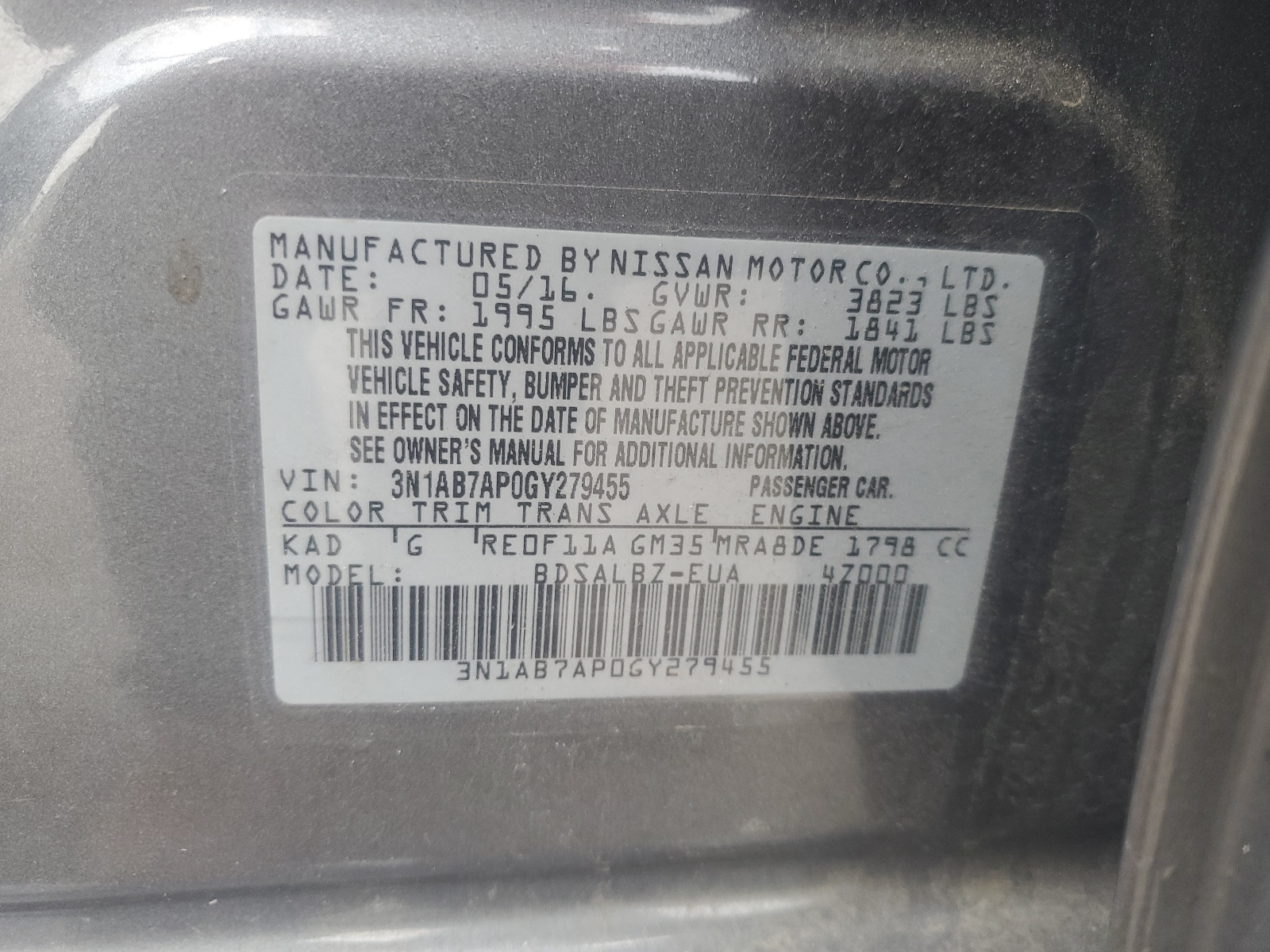 3N1AB7AP0GY279455 2016 Nissan Sentra S