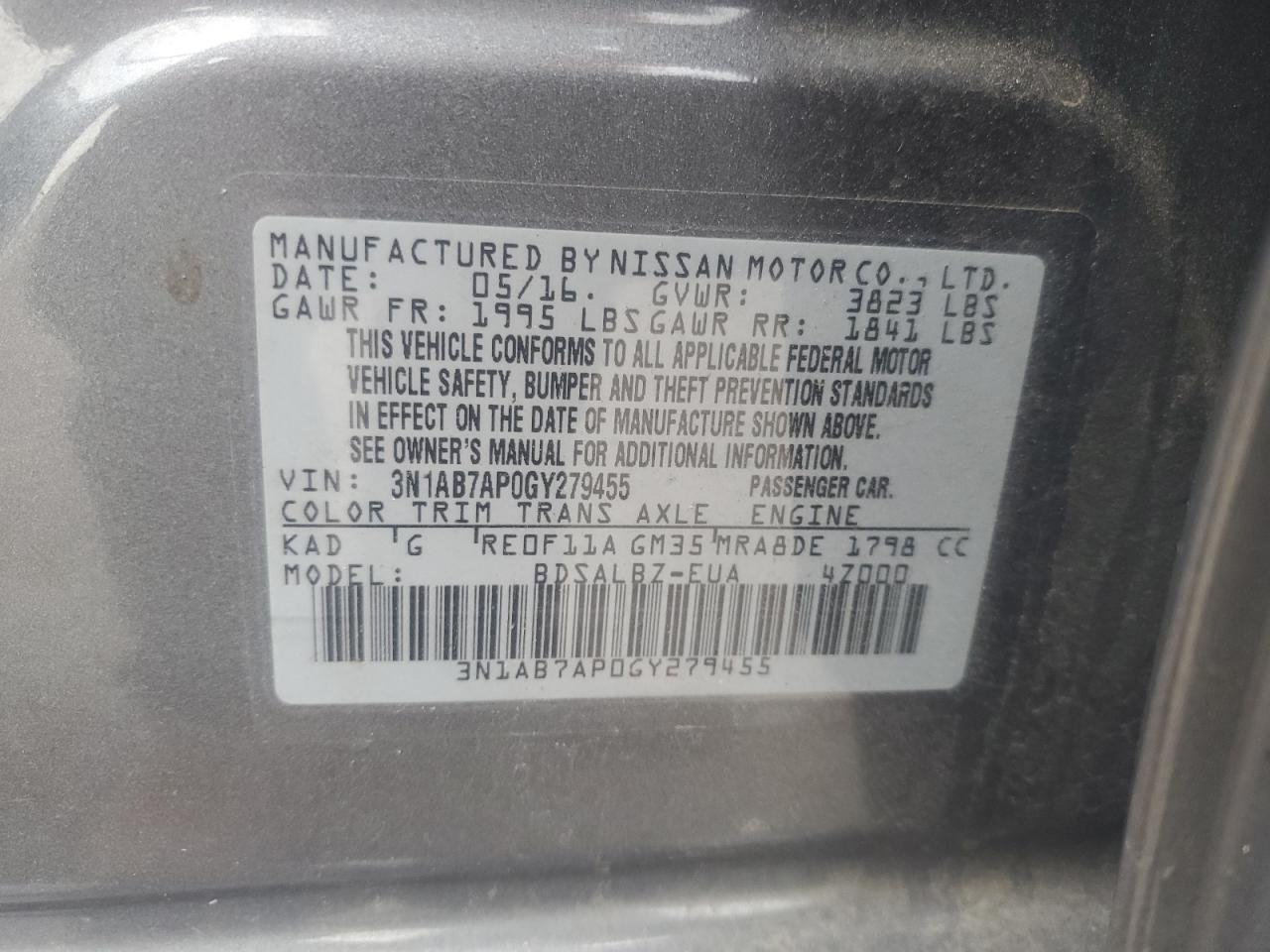 2016 Nissan Sentra S VIN: 3N1AB7AP0GY279455 Lot: 56459814