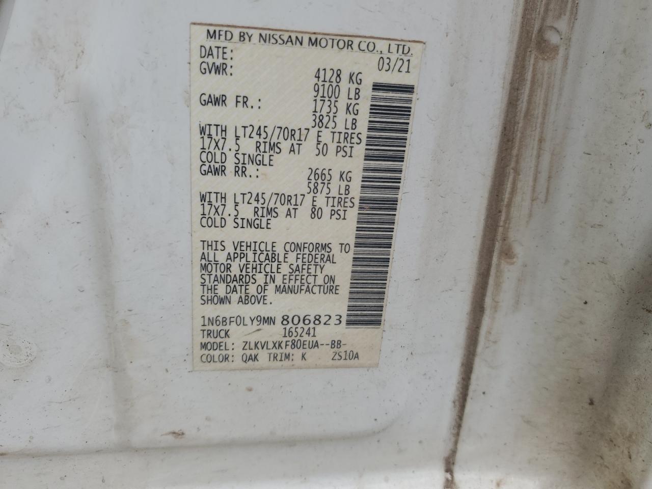 2021 Nissan Nv 2500 S VIN: 1N6BF0LY9MN806823 Lot: 54994614