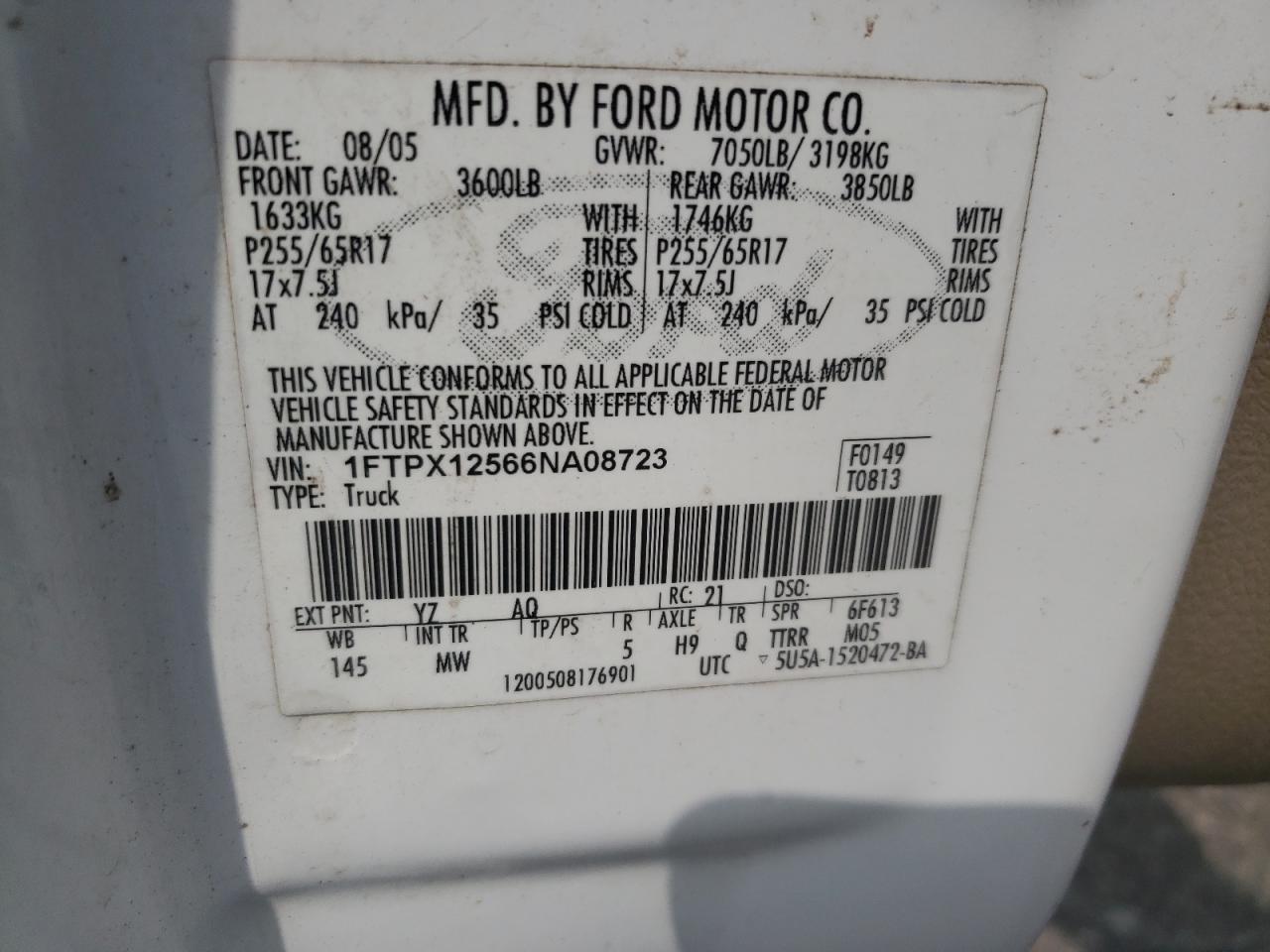 2006 Ford F150 VIN: 1FTPX12566NA08723 Lot: 56225284