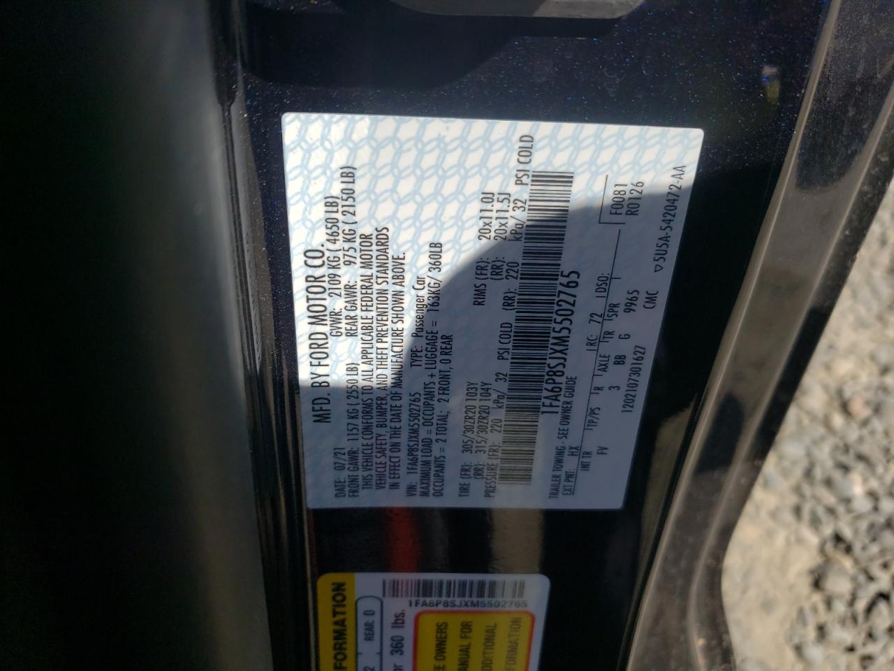 2021 Ford Mustang Shelby Gt500 VIN: 1FA6P8SJXM5502765 Lot: 55394564