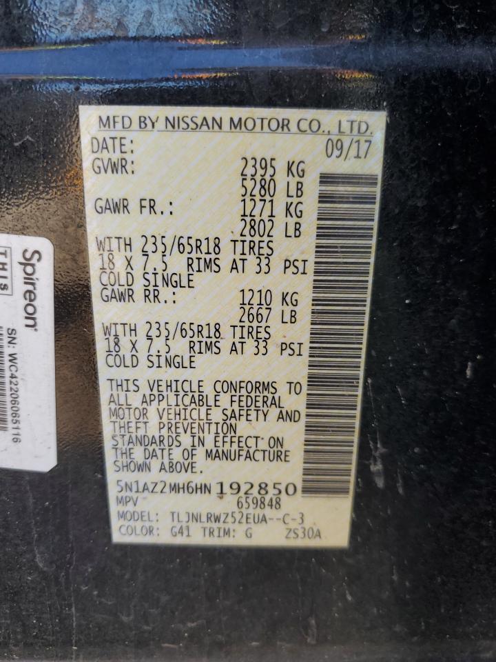 2017 Nissan Murano S VIN: 5N1AZ2MH6HN192850 Lot: 55551624