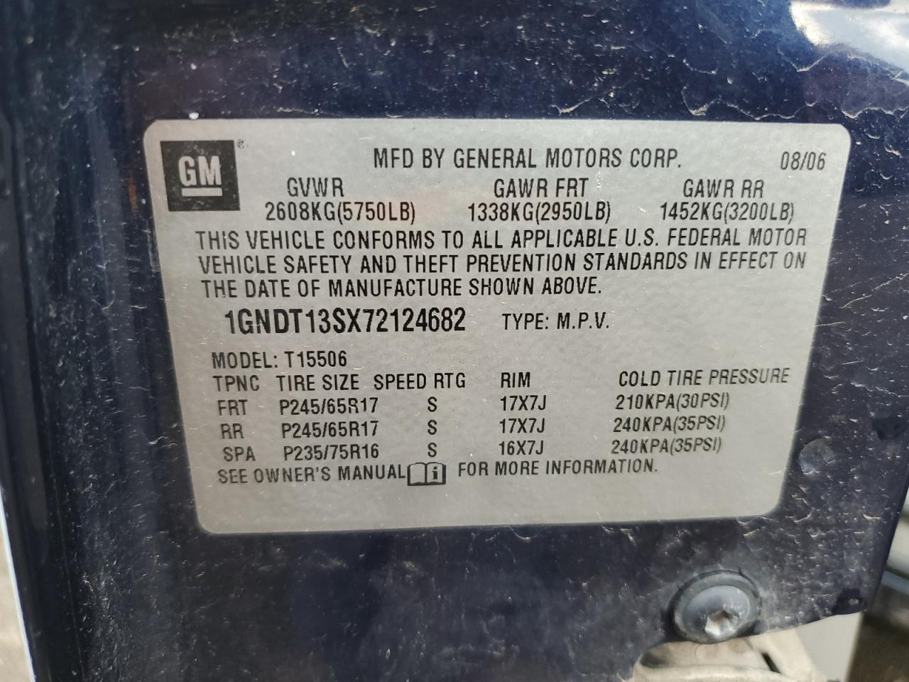 2007 Chevrolet Trailblazer Ls VIN: 1GNDT13SX72124682 Lot: 53836804