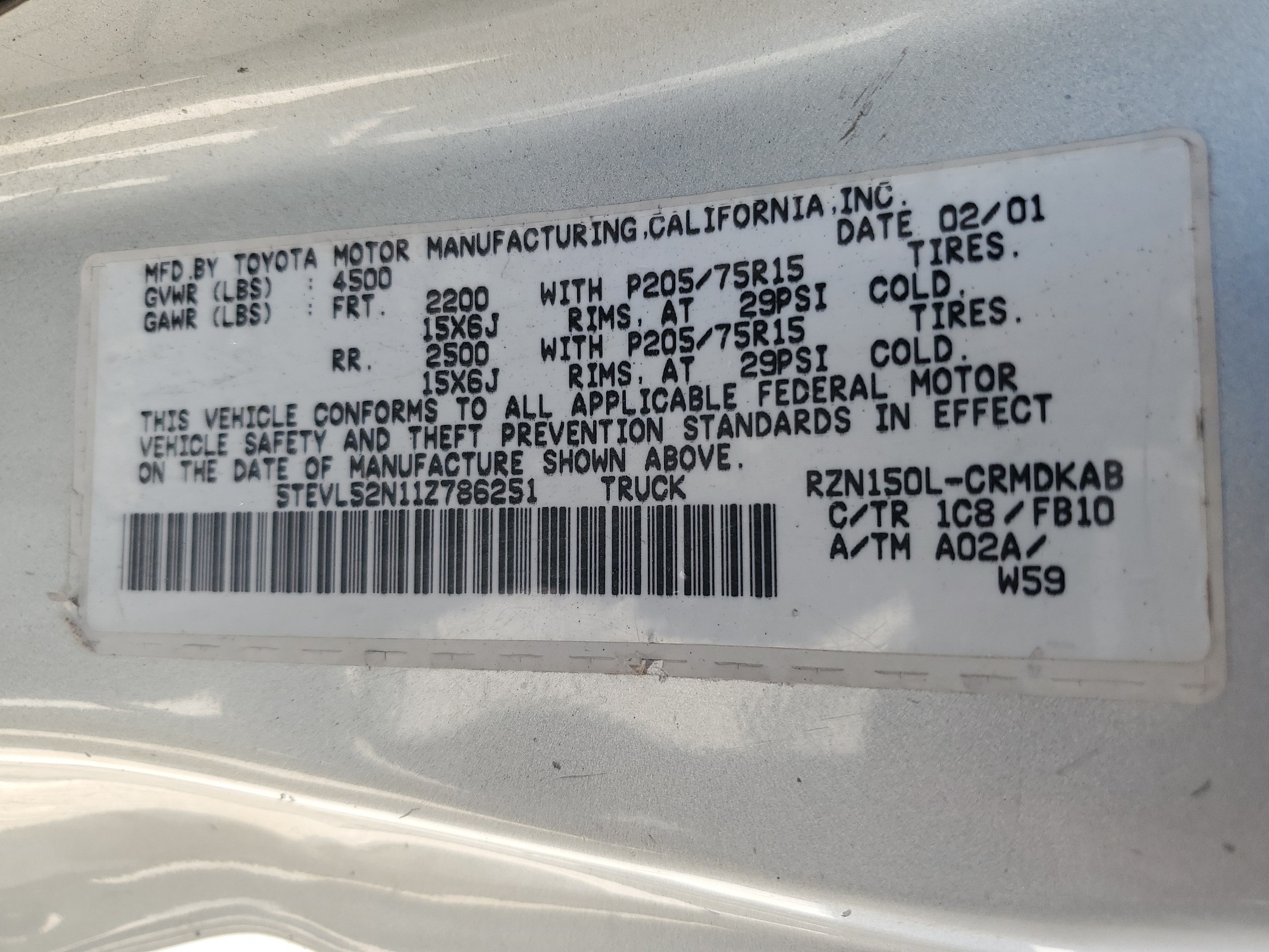 5TEVL52N11Z786251 2001 Toyota Tacoma Xtracab