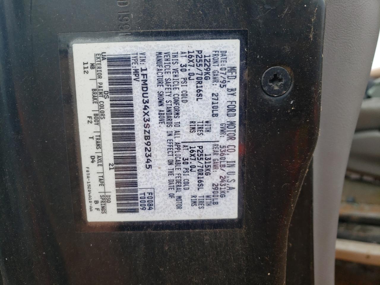 1995 Ford Explorer VIN: 1FMDU34X3SZB92345 Lot: 53876834