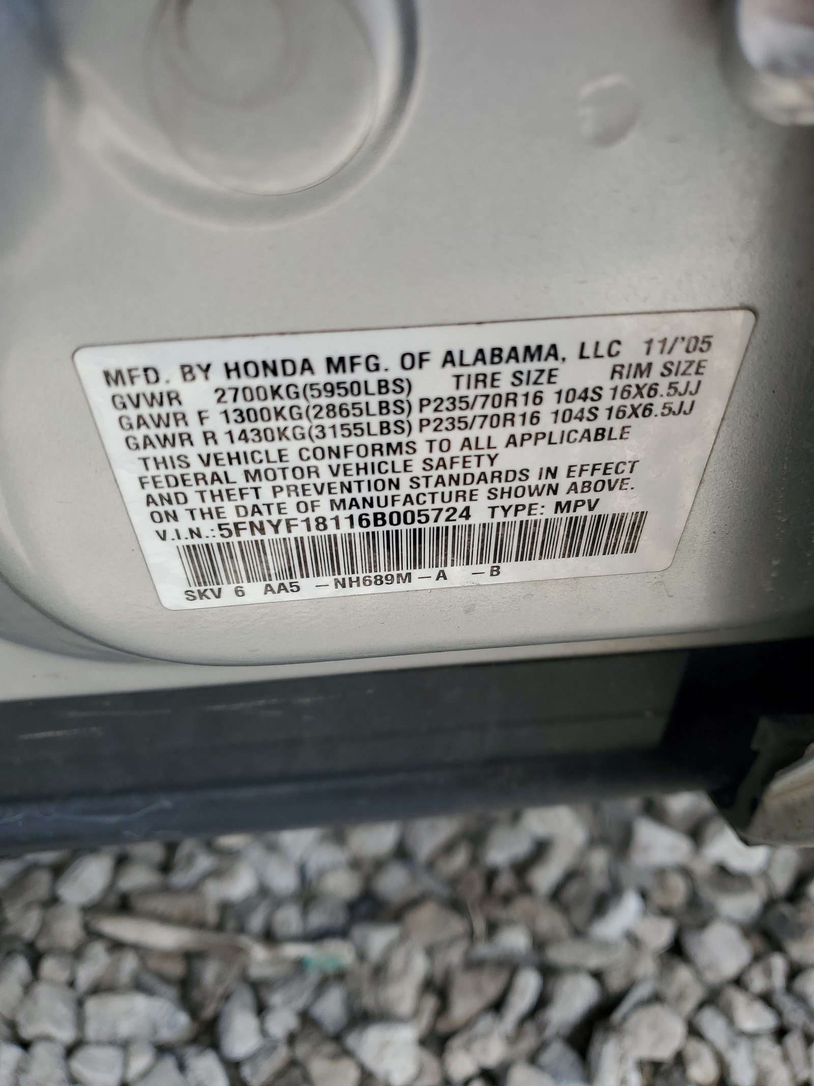 5FNYF18116B005724 2006 Honda Pilot Lx