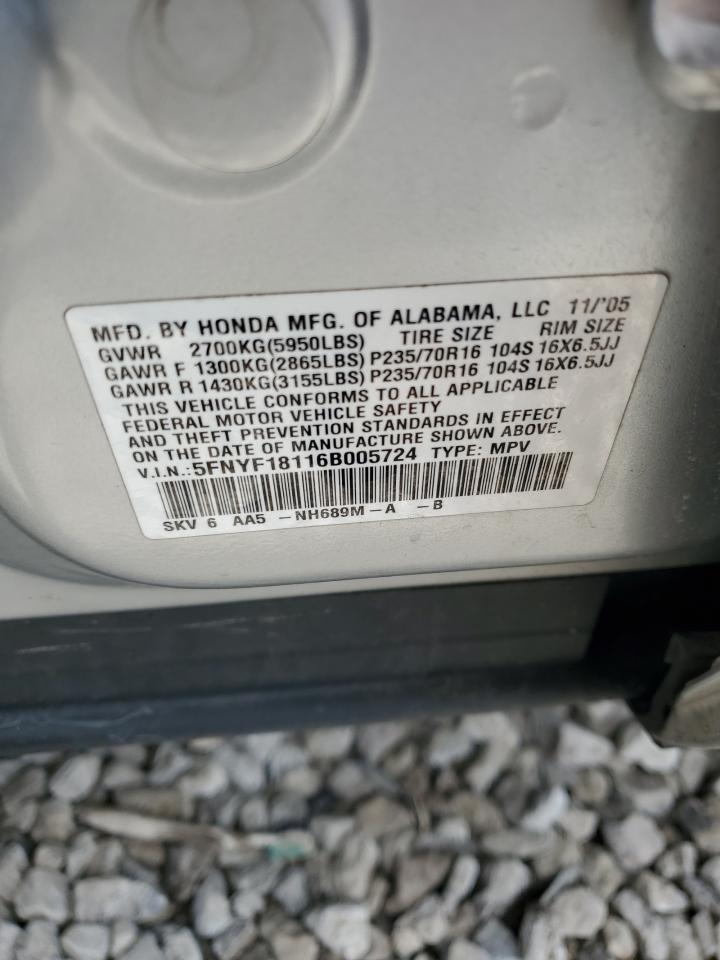 2006 Honda Pilot Lx VIN: 5FNYF18116B005724 Lot: 55698624