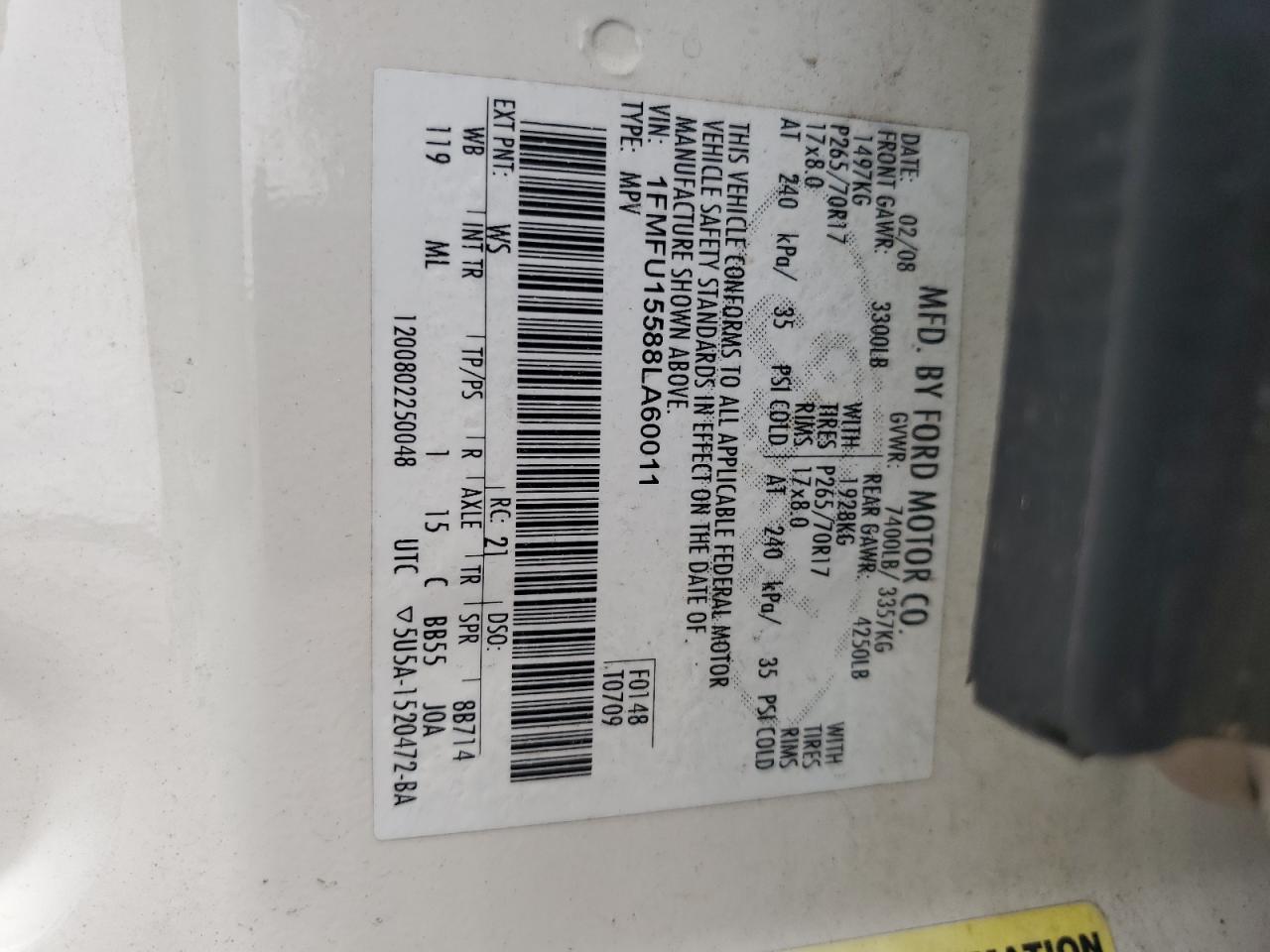 2008 Ford Expedition Xlt VIN: 1FMFU15588LA60011 Lot: 56290364