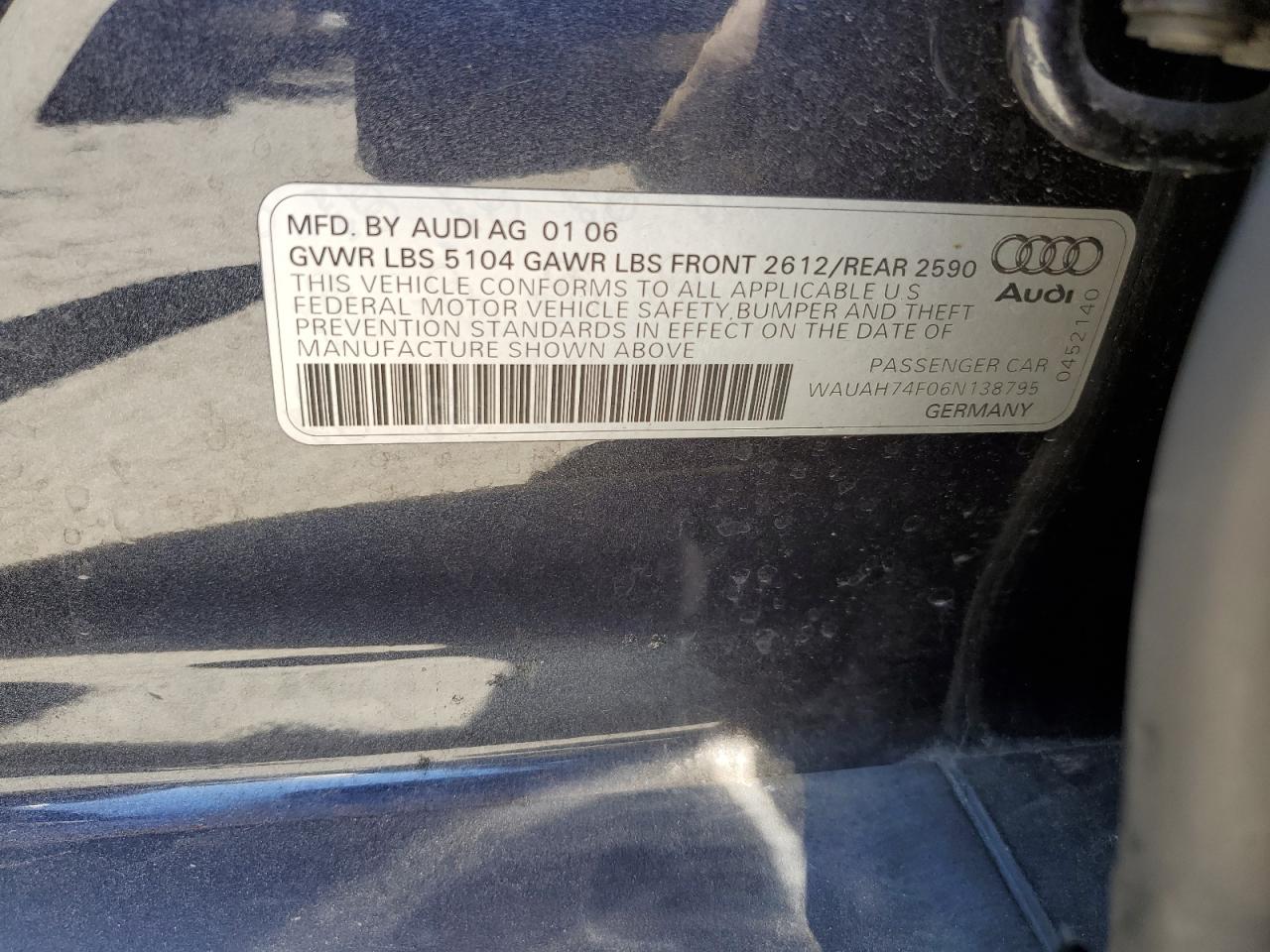 2006 Audi A6 3.2 VIN: WAUAH74F06N138795 Lot: 56473014