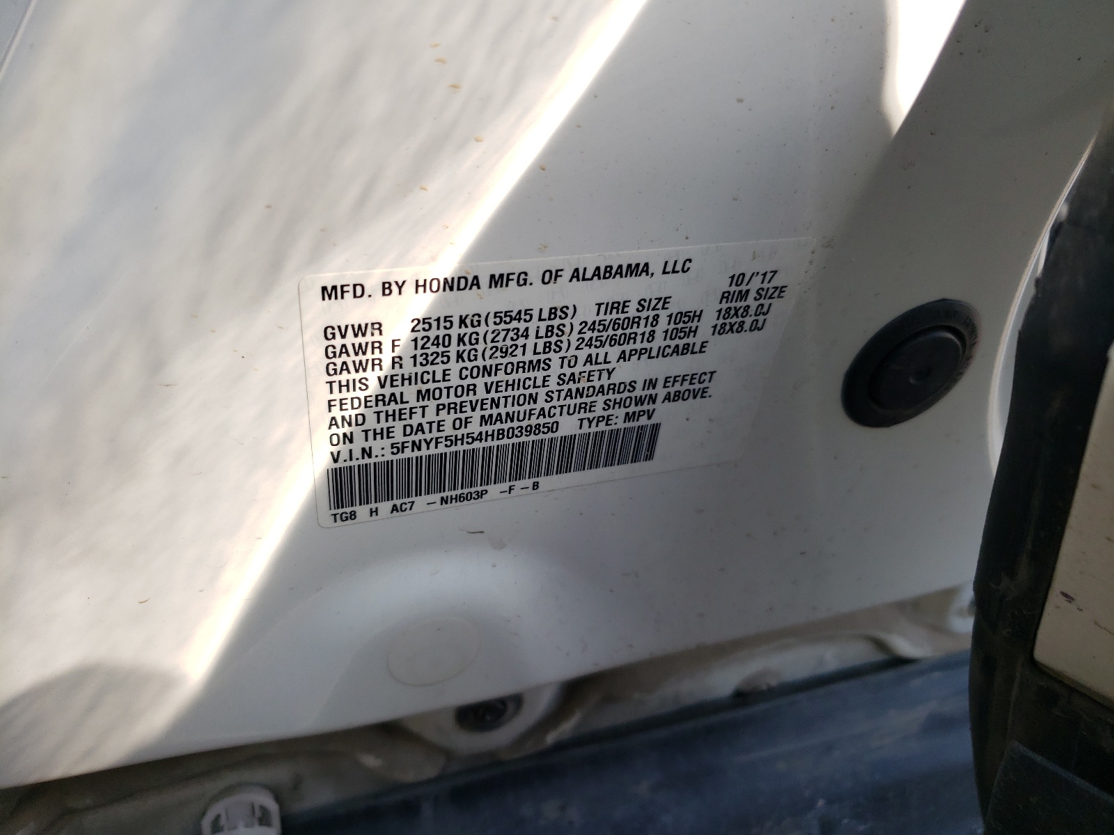 5FNYF5H54HB039850 2017 Honda Pilot Exl