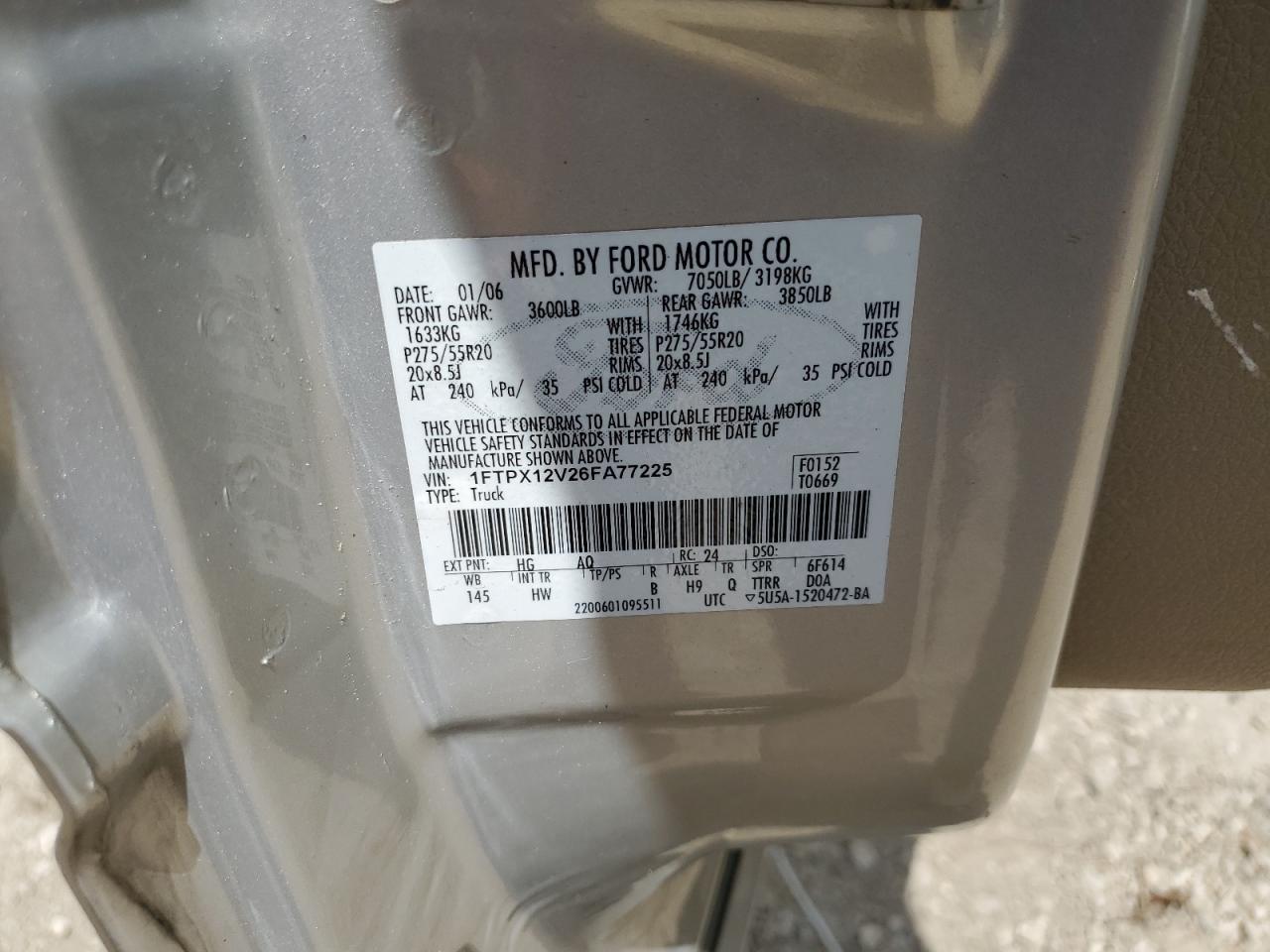 2006 Ford F150 VIN: 1FTPX12V26FA77225 Lot: 56248004