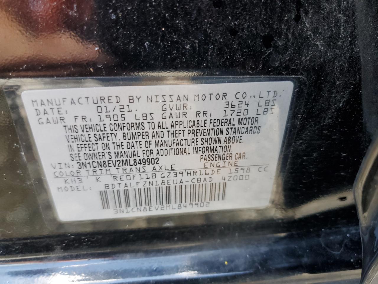 3N1CN8EV2ML849902 2021 Nissan Versa Sv