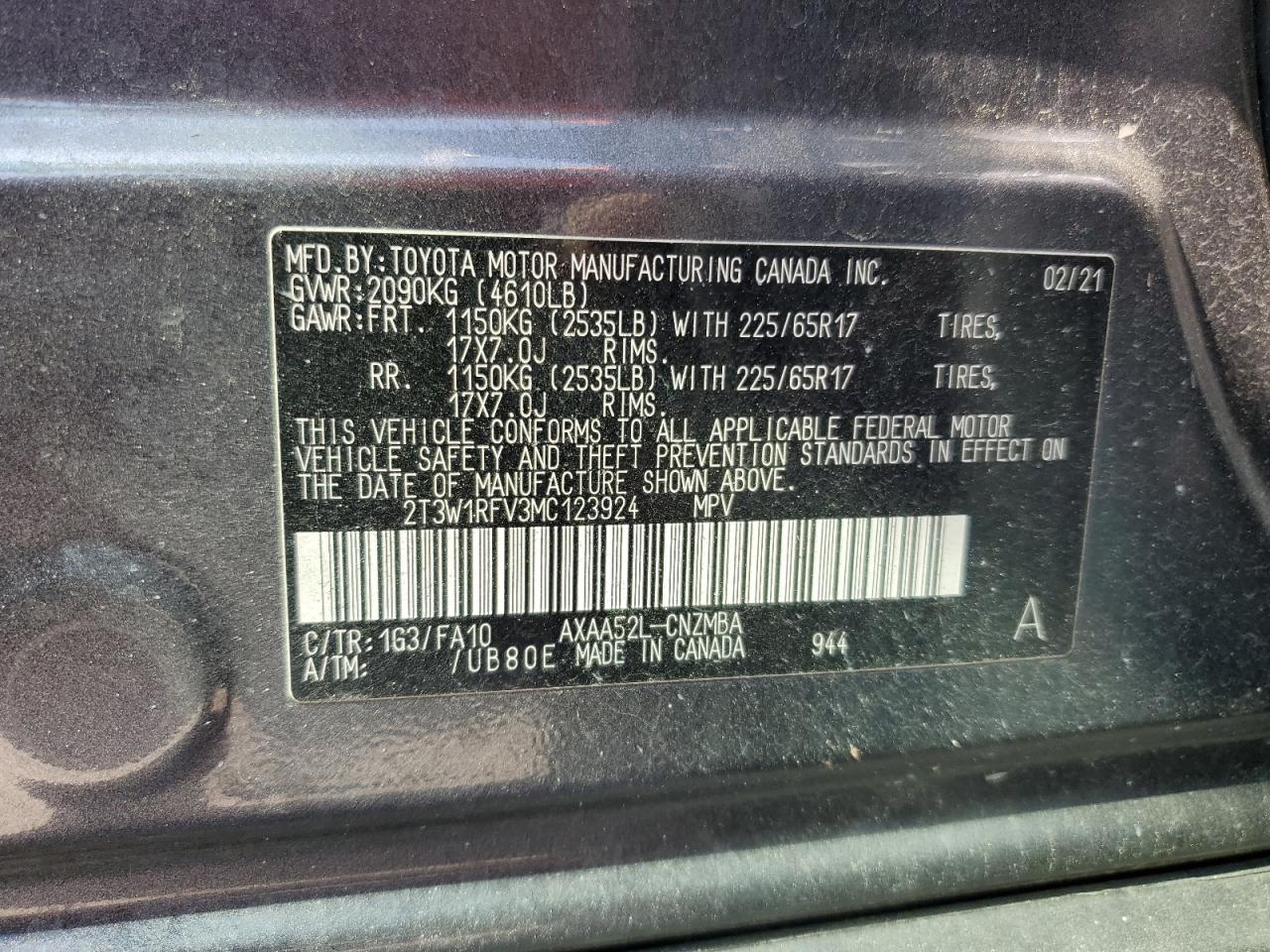 2021 Toyota Rav4 Xle VIN: 2T3W1RFV3MC123924 Lot: 56070104