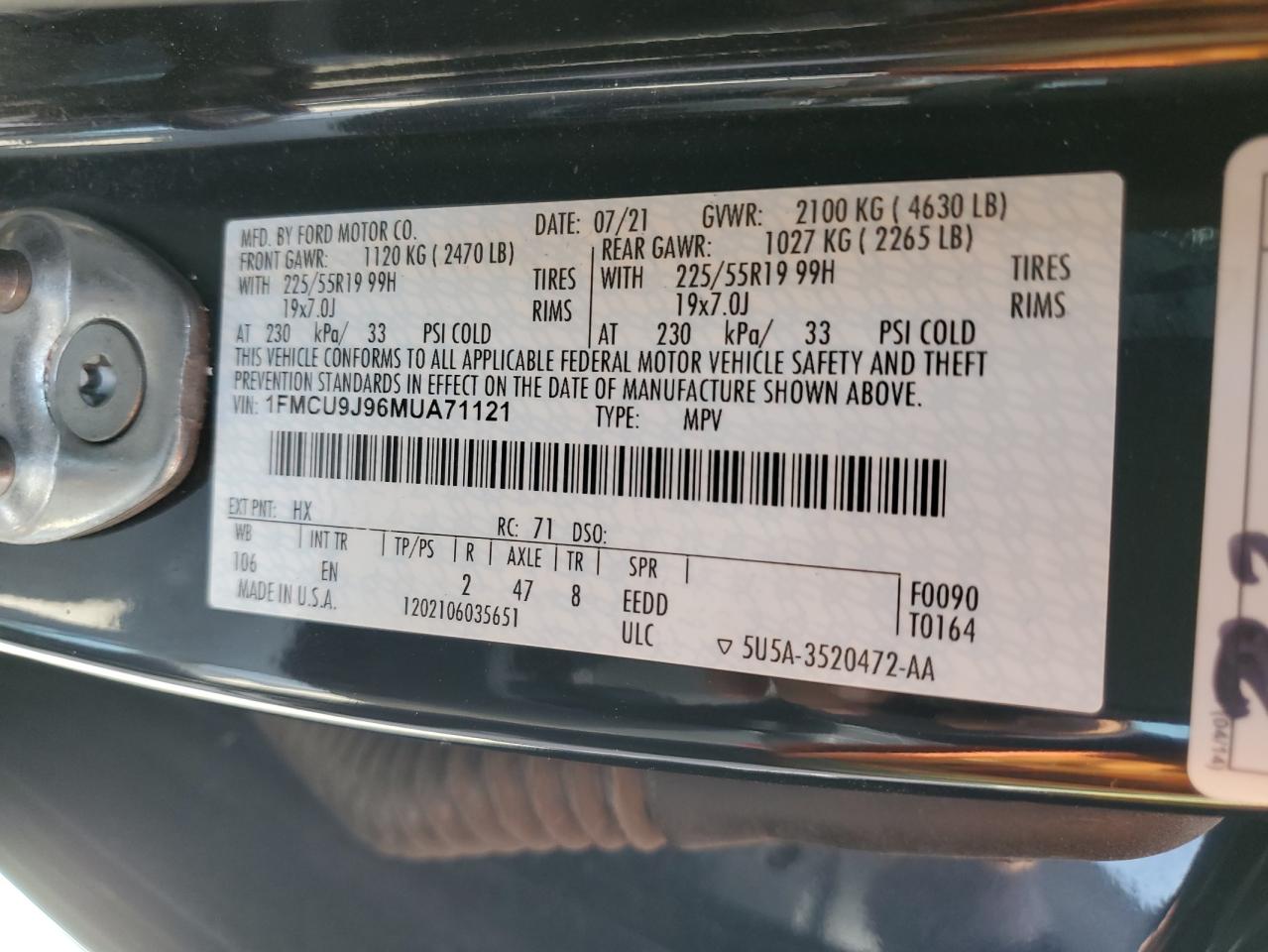 2021 Ford Escape Titanium VIN: 1FMCU9J96MUA71121 Lot: 54418294