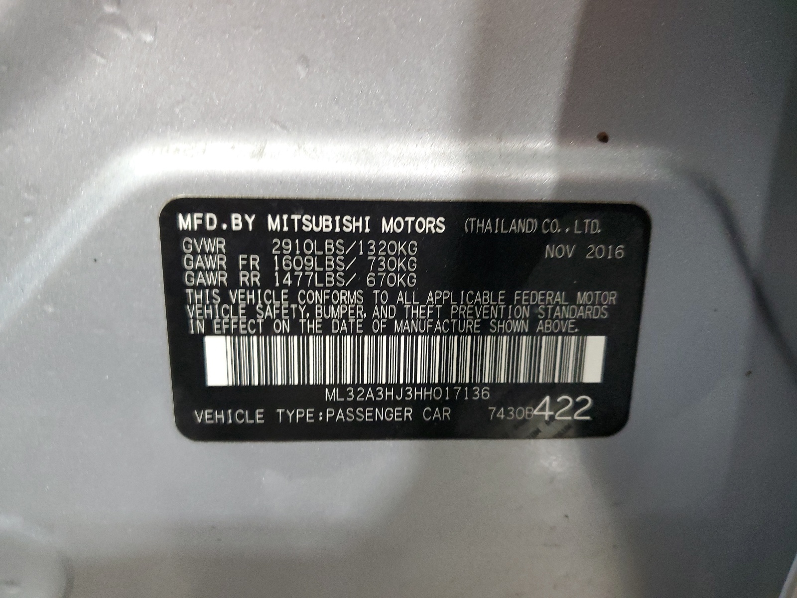 ML32A3HJ3HH017136 2017 Mitsubishi Mirage Es