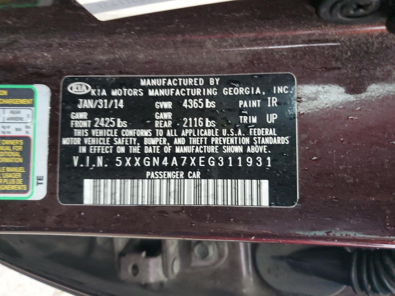 2014 Kia Optima Ex VIN: 5XXGN4A7XEG311931 Lot: 55742504