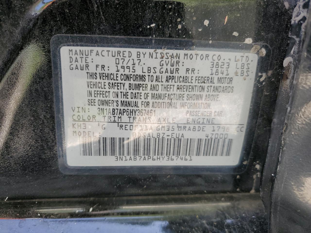 3N1AB7AP6HY367461 2017 Nissan Sentra S