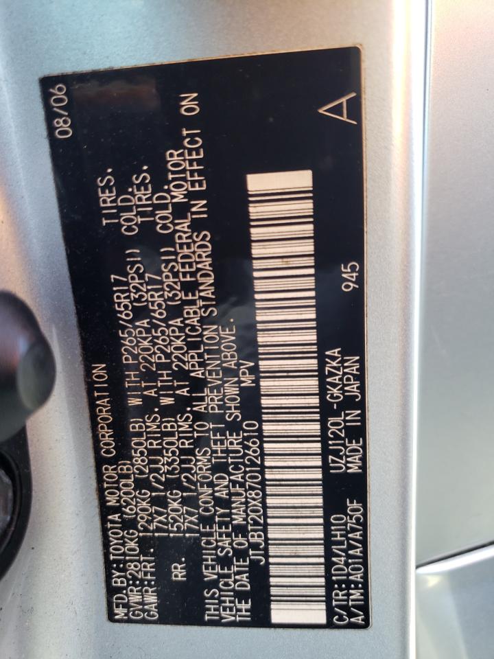 2007 Lexus Gx 470 VIN: JTJBT20X870126610 Lot: 55022924