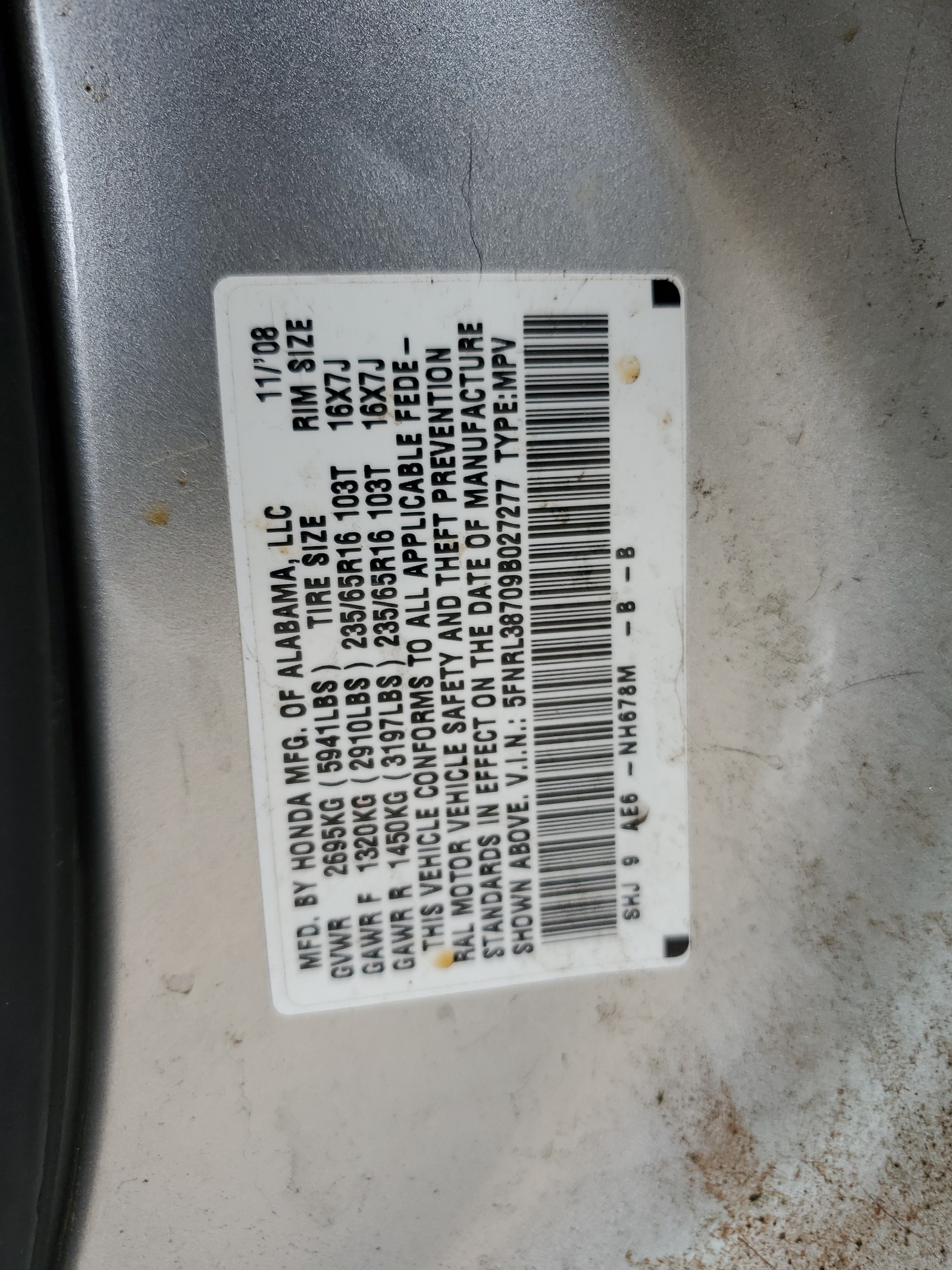5FNRL38709B027277 2009 Honda Odyssey Exl