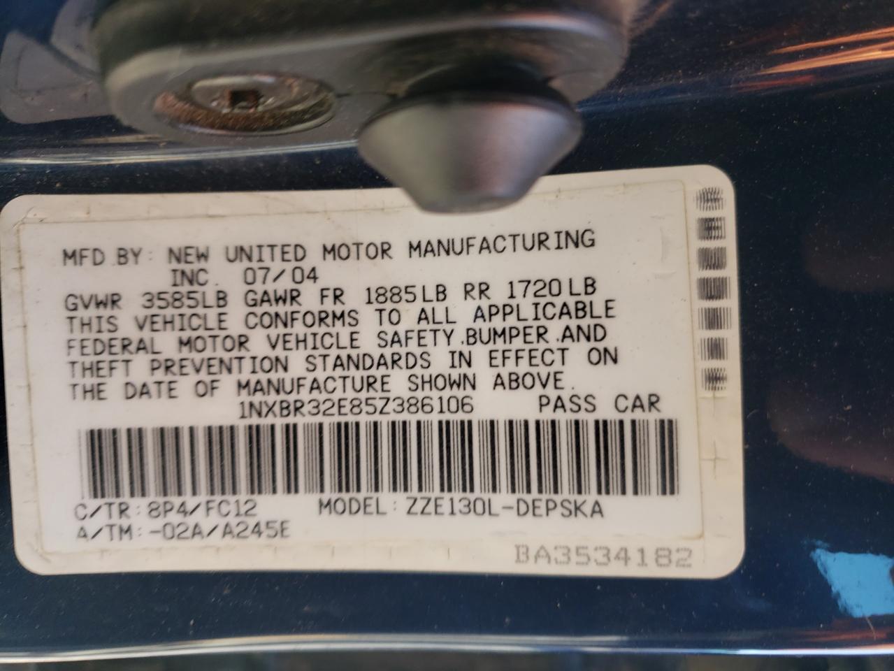 2005 Toyota Corolla Ce VIN: 1NXBR32E85Z386106 Lot: 56266164