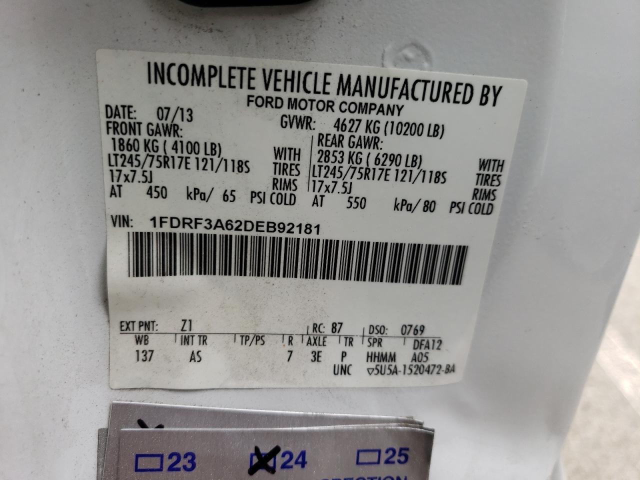 2013 Ford F350 Super Duty VIN: 1FDRF3A62DEB92181 Lot: 53589494