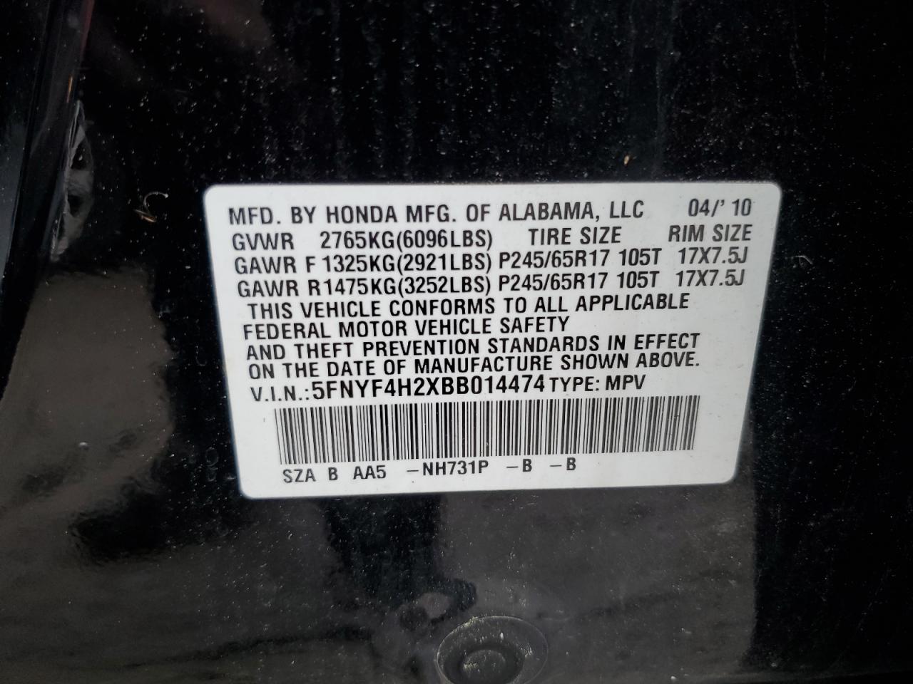 2011 Honda Pilot Lx VIN: 5FNYF4H2XBB014474 Lot: 54411564