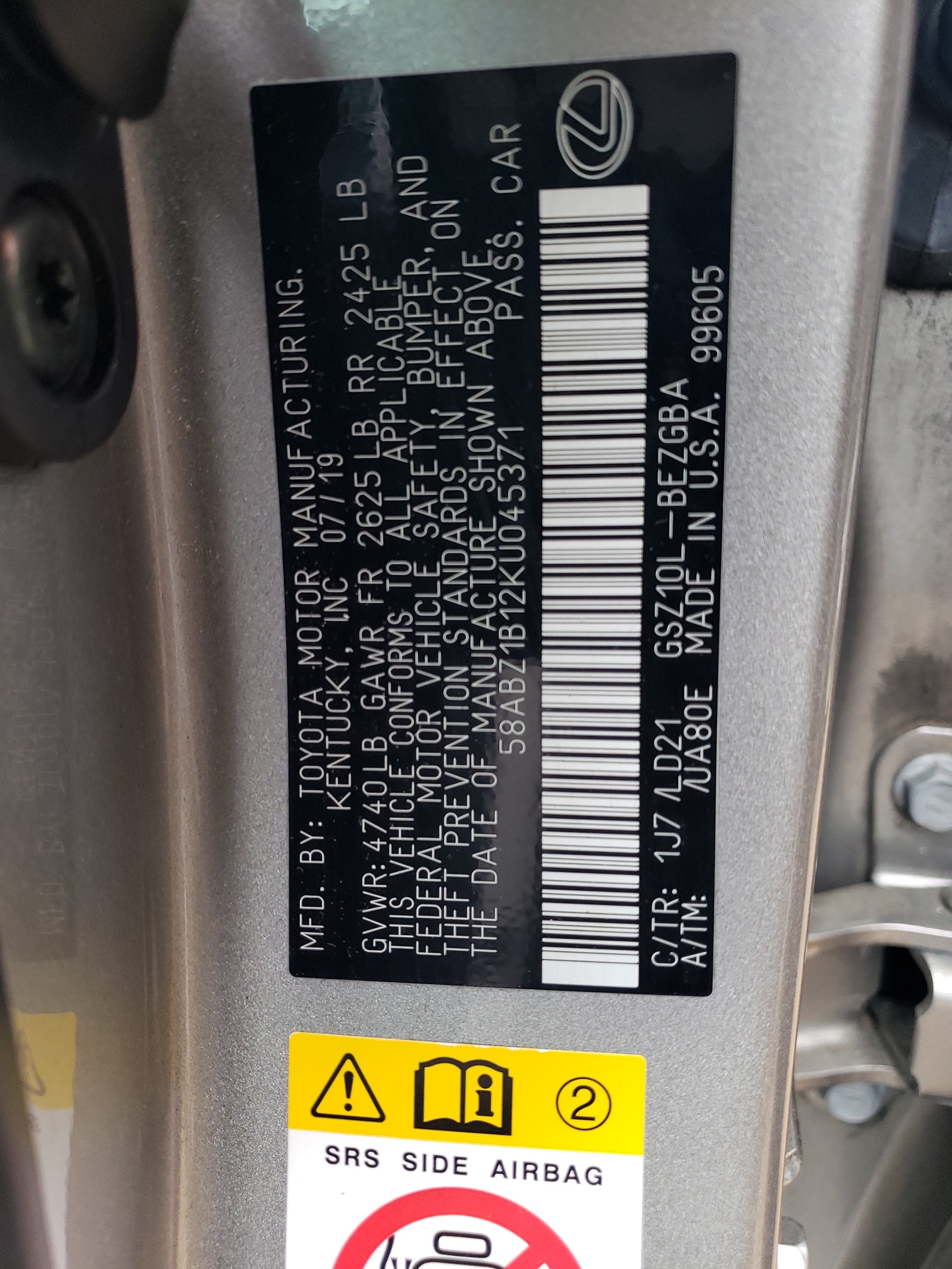 58ABZ1B12KU045371 2019 Lexus Es 350