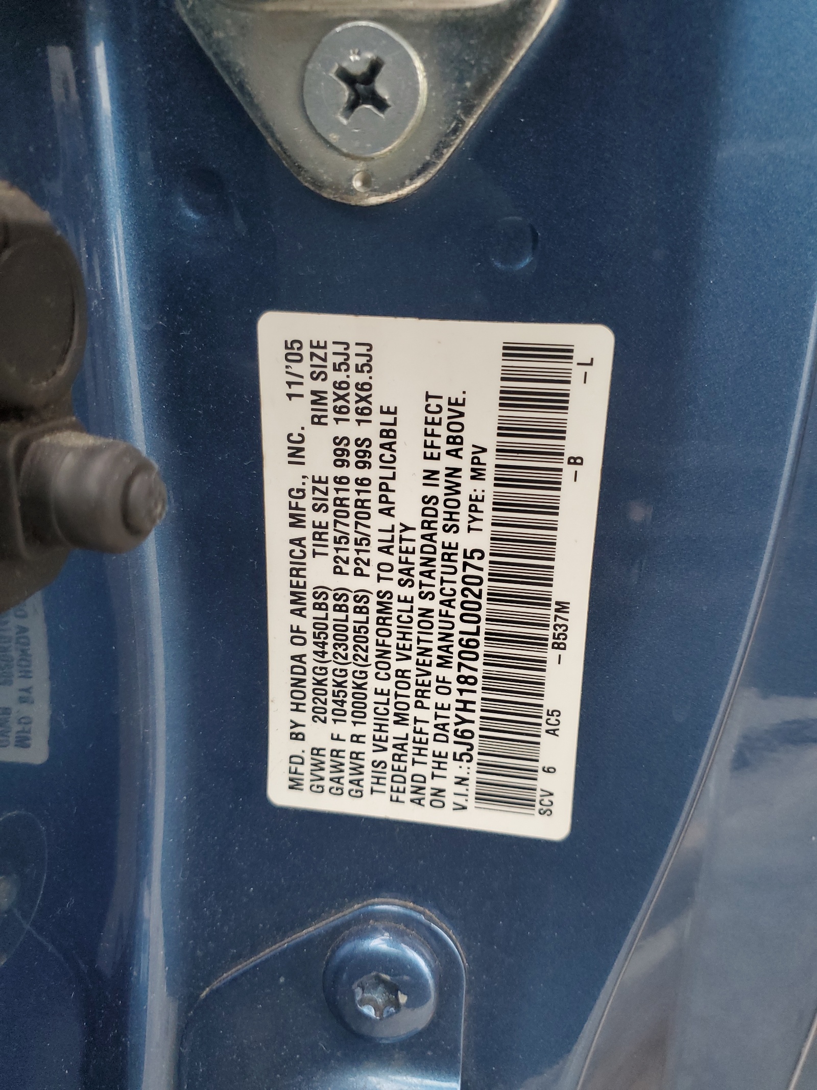 5J6YH18706L002075 2006 Honda Element Ex