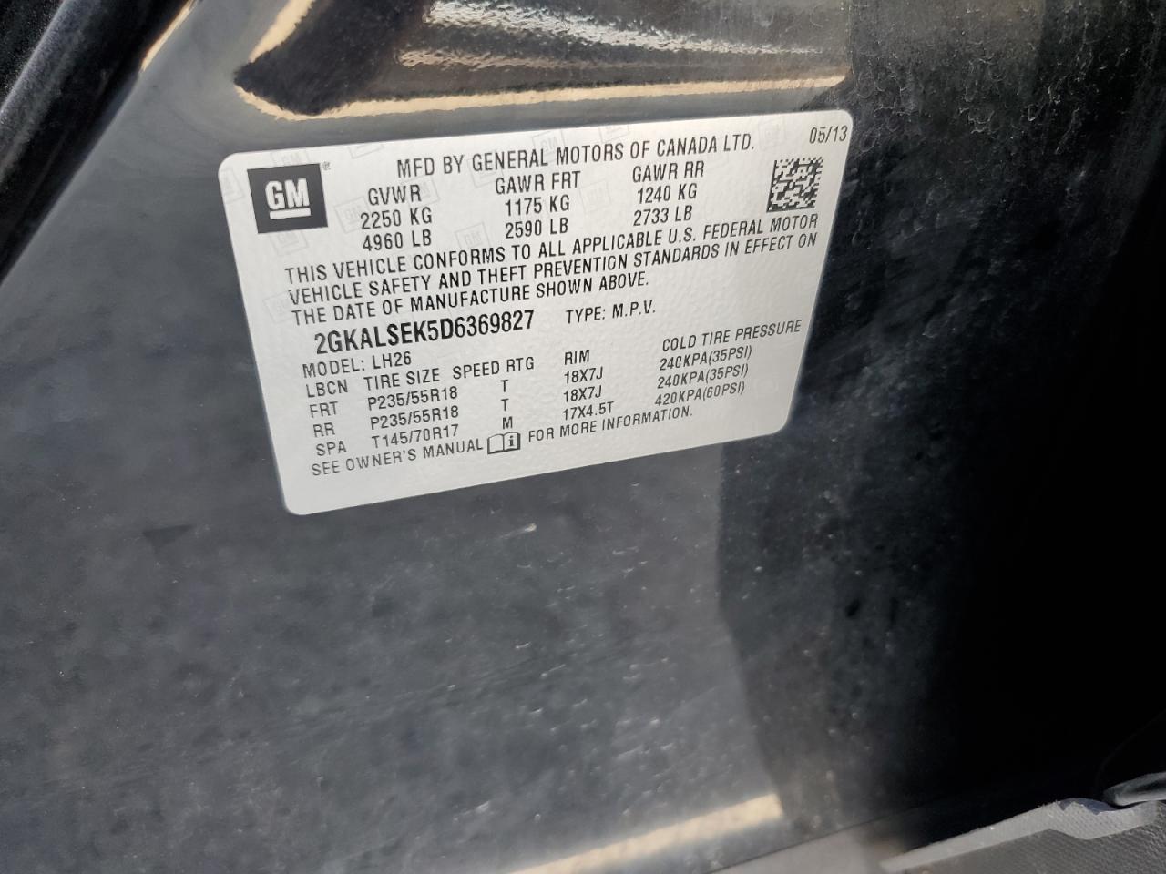 2013 GMC Terrain Sle VIN: 2GKALSEK5D6369827 Lot: 55561244