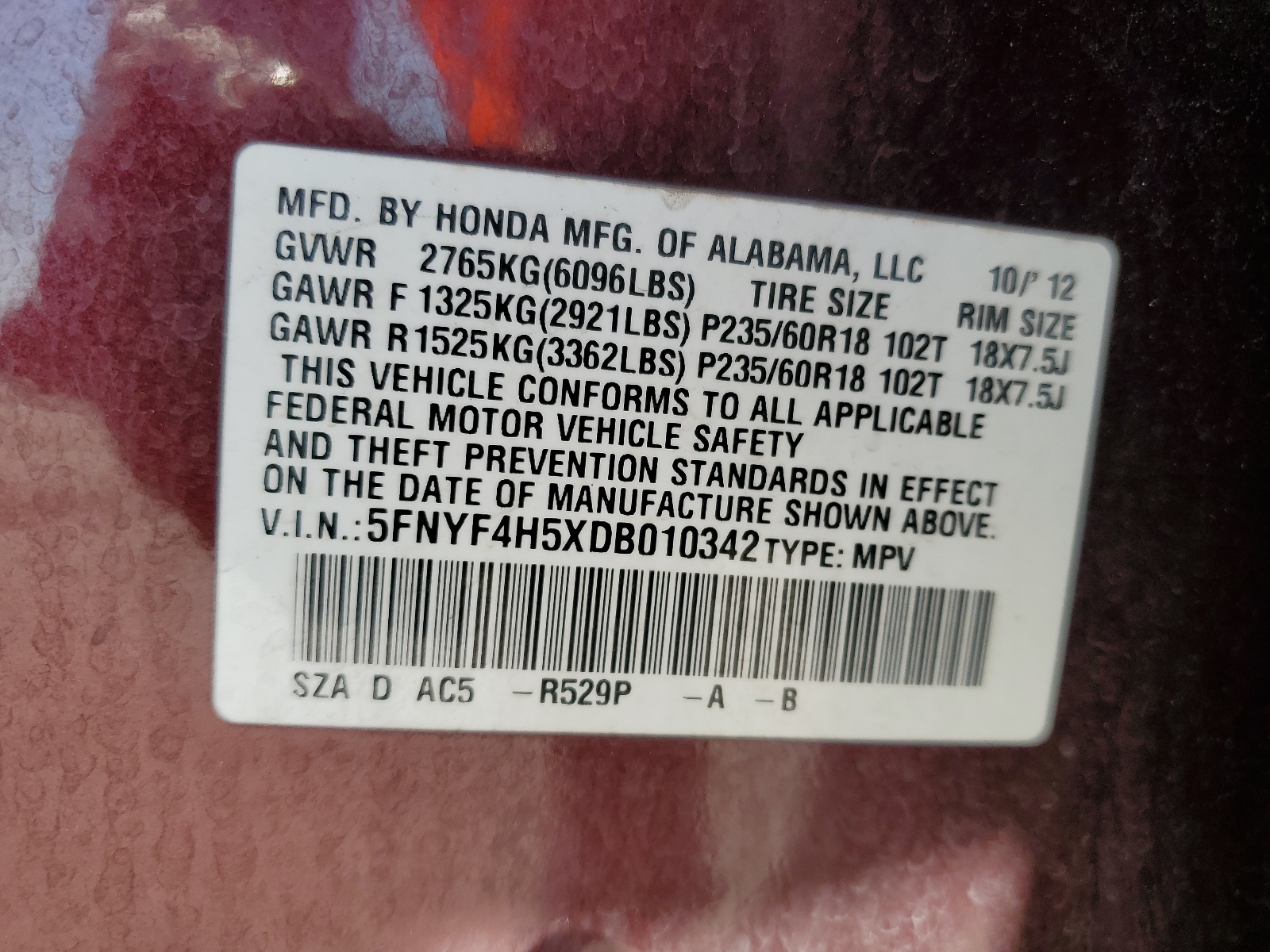 5FNYF4H5XDB010342 2013 Honda Pilot Exl
