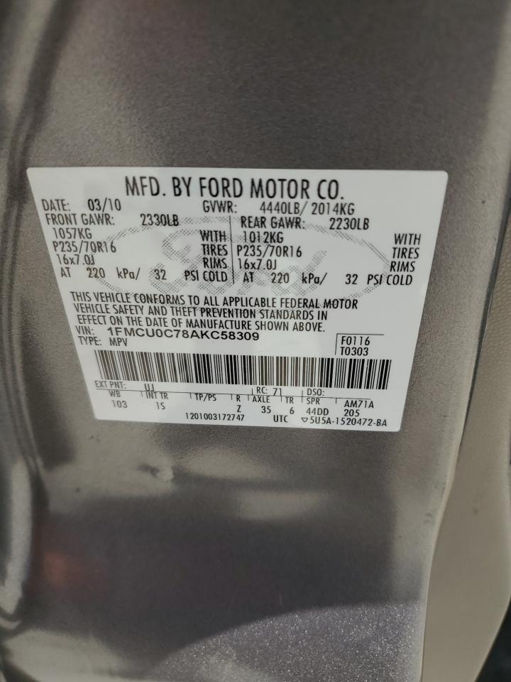 2010 Ford Escape Xls VIN: 1FMCU0C78AKC58309 Lot: 54467884