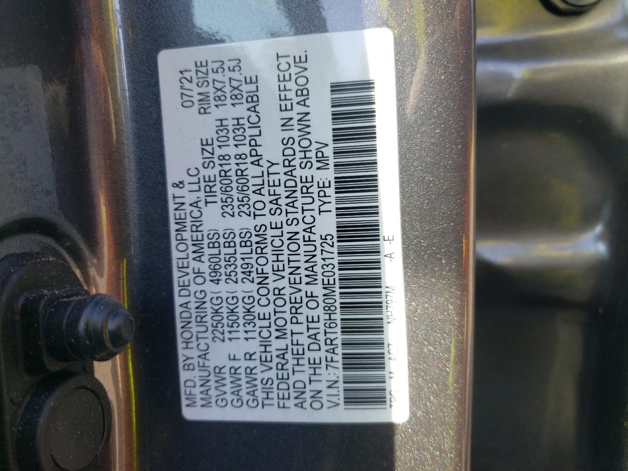 2021 Honda Cr-V Exl VIN: 7FART6H80ME031725 Lot: 54344464