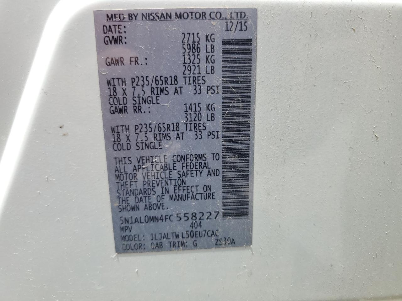 2015 Infiniti Qx60 VIN: 5N1AL0MN4FC558227 Lot: 54141114