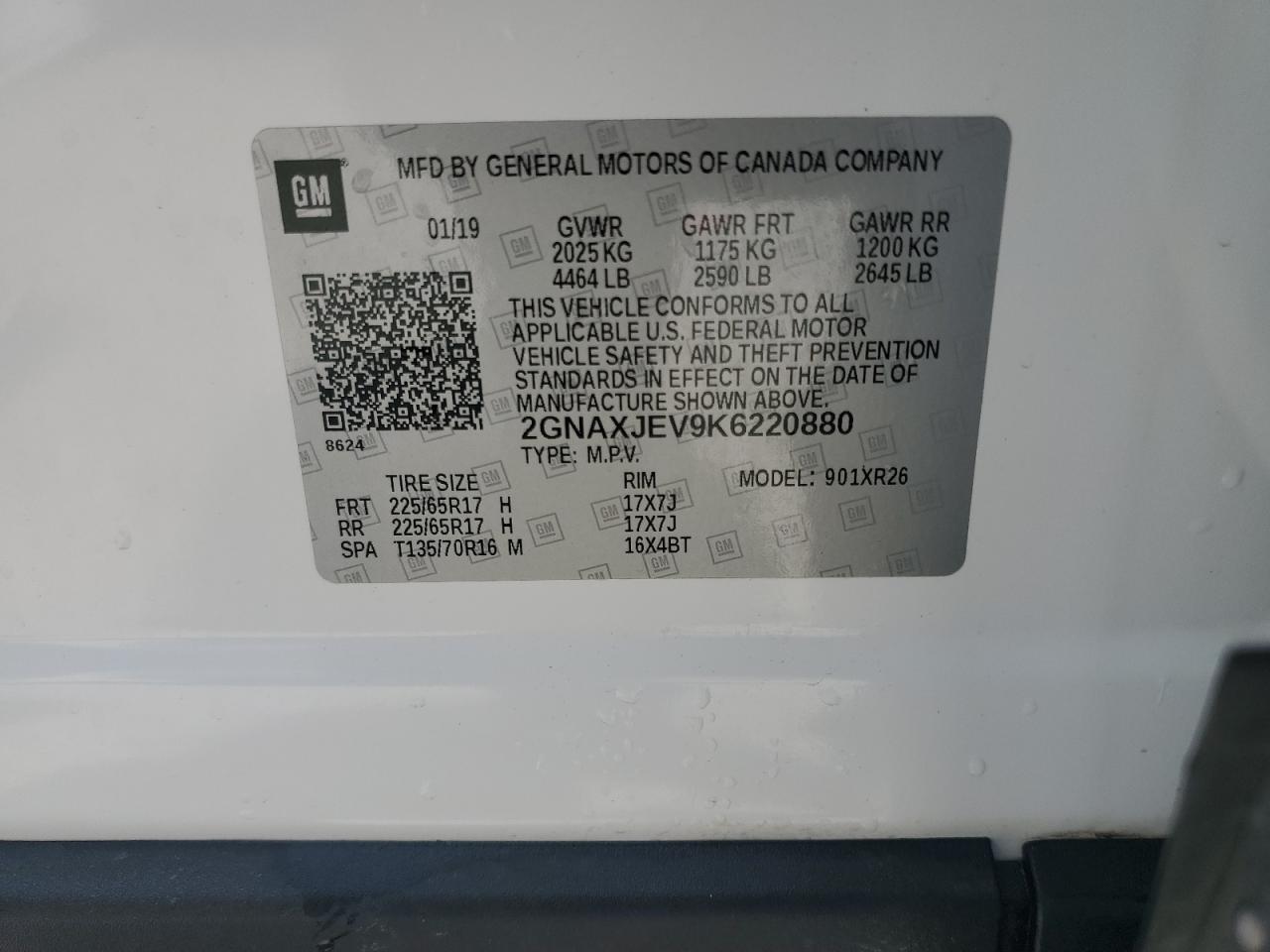 2019 Chevrolet Equinox Lt VIN: 2GNAXJEV9K6220880 Lot: 54449134