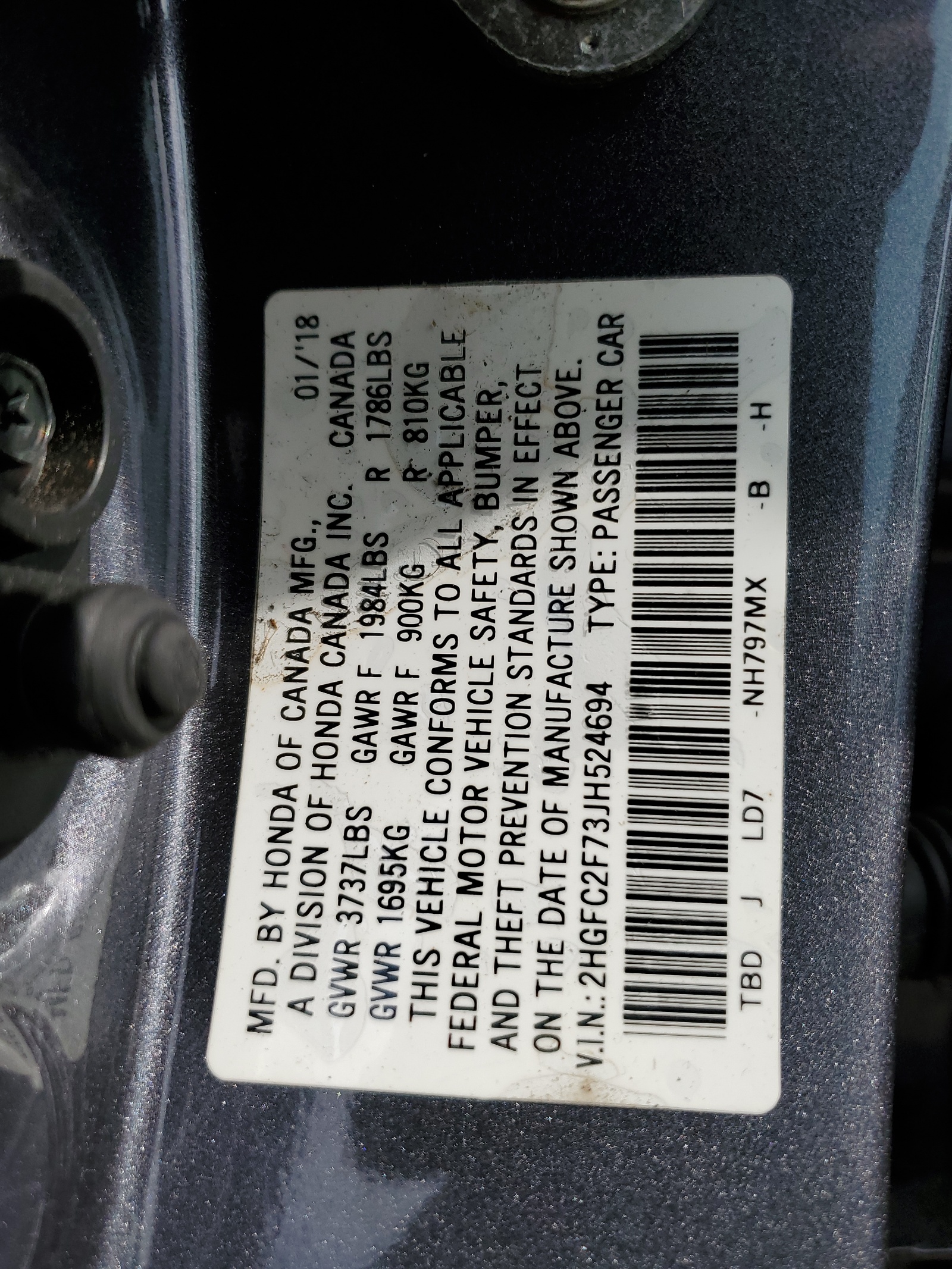 2HGFC2F73JH524694 2018 Honda Civic Ex