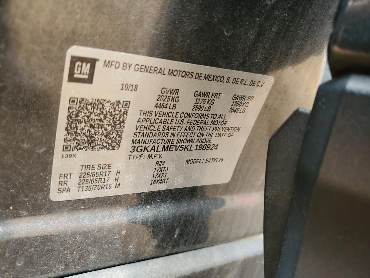 2019 GMC Terrain Sle VIN: 3GKALMEV5KL196924 Lot: 64952984