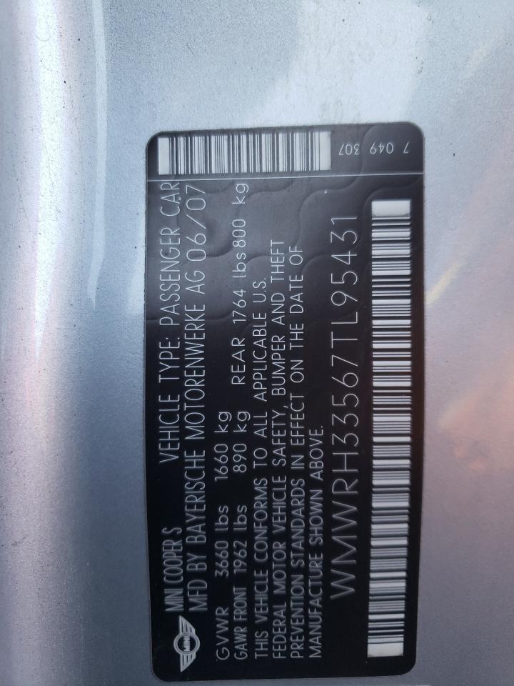 2007 Mini Cooper S VIN: WMWRH33567TL95431 Lot: 56721874