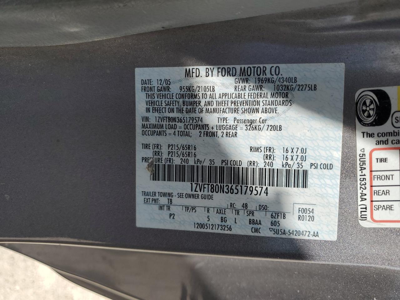 2006 Ford Mustang VIN: 1ZVFT80N365179574 Lot: 54022914