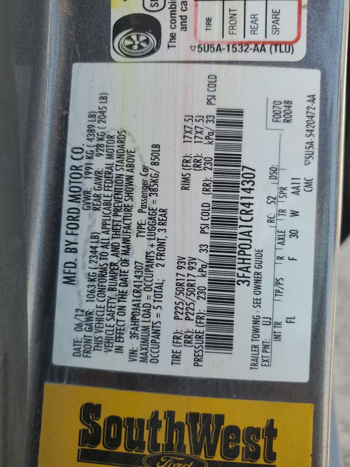 2012 Ford Fusion Sel VIN: 3FAHP0JA1CR414307 Lot: 55014414