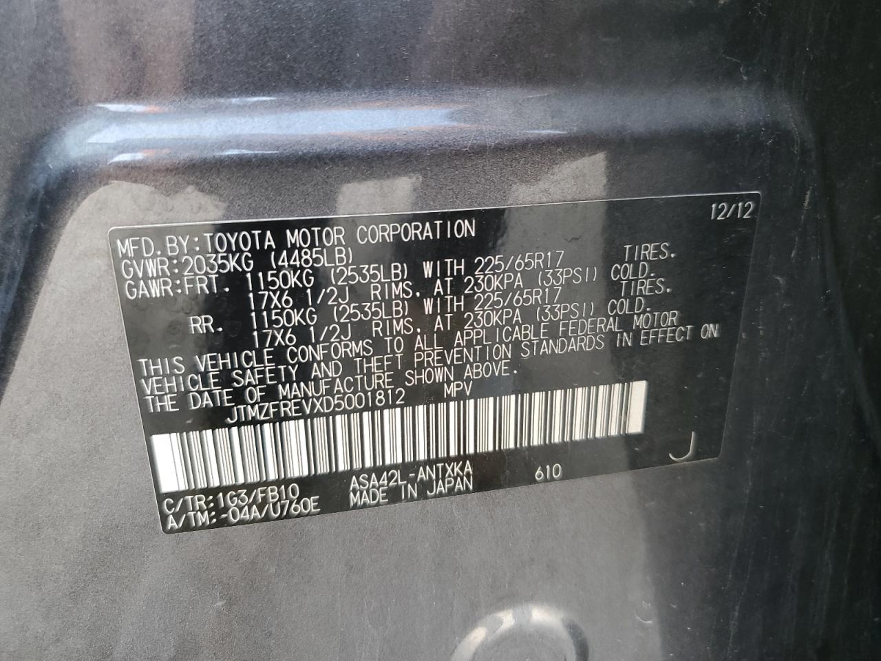 2013 Toyota Rav4 Le VIN: JTMZFREVXD5001812 Lot: 53689434