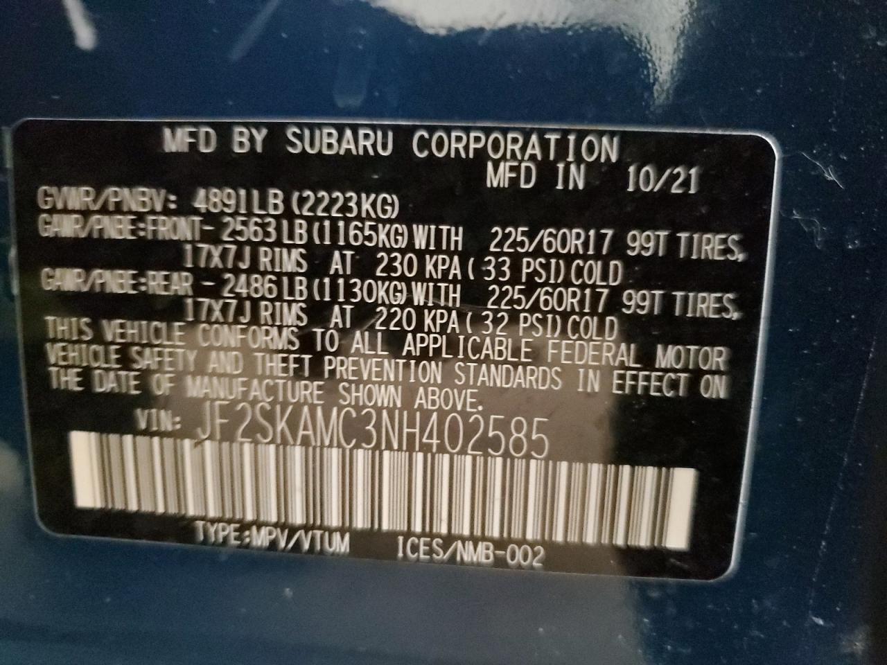 JF2SKAMC3NH402585 2022 Subaru Forester Wilderness