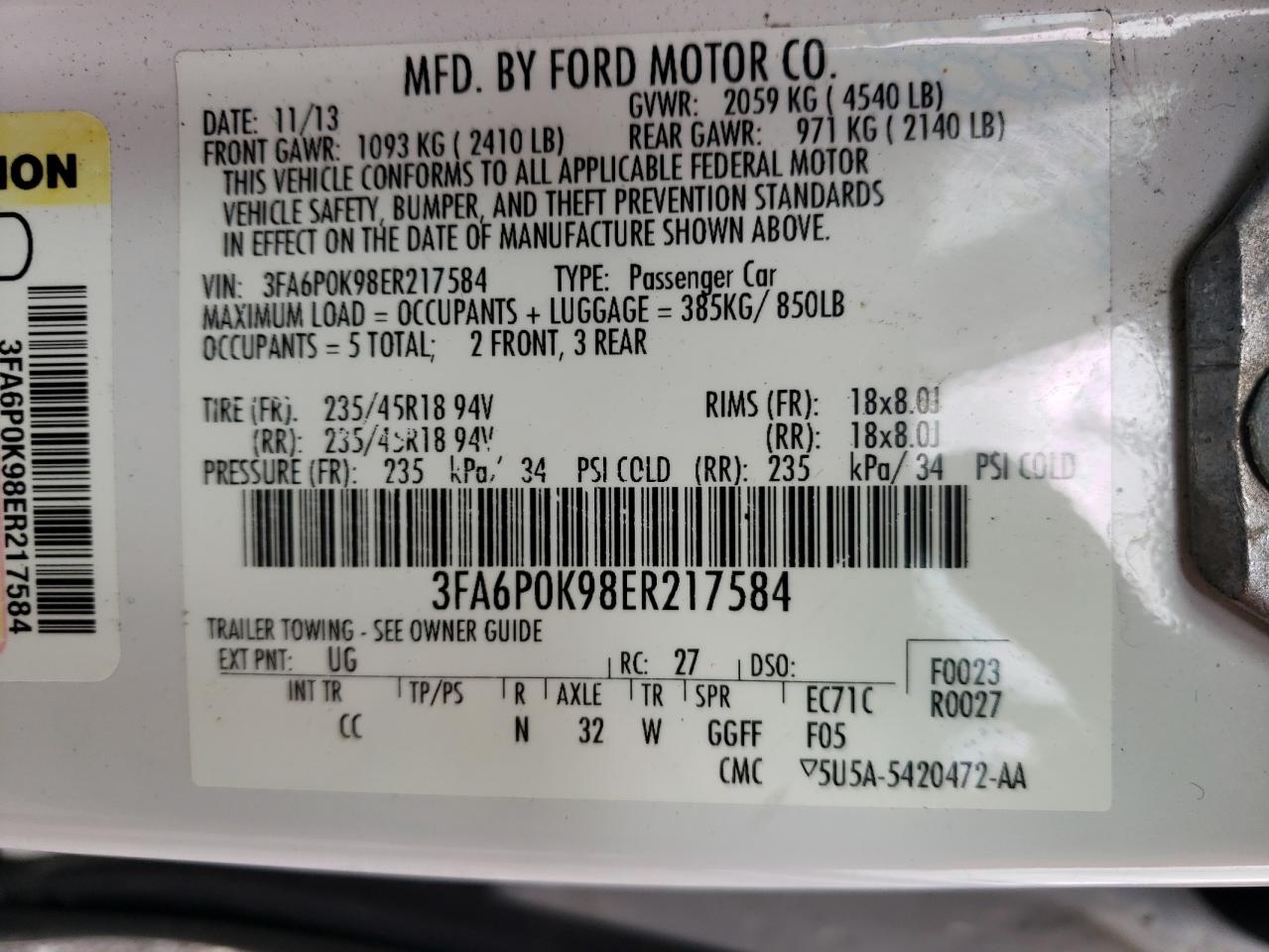 2014 Ford Fusion Titanium VIN: 3FA6P0K98ER217584 Lot: 54592664