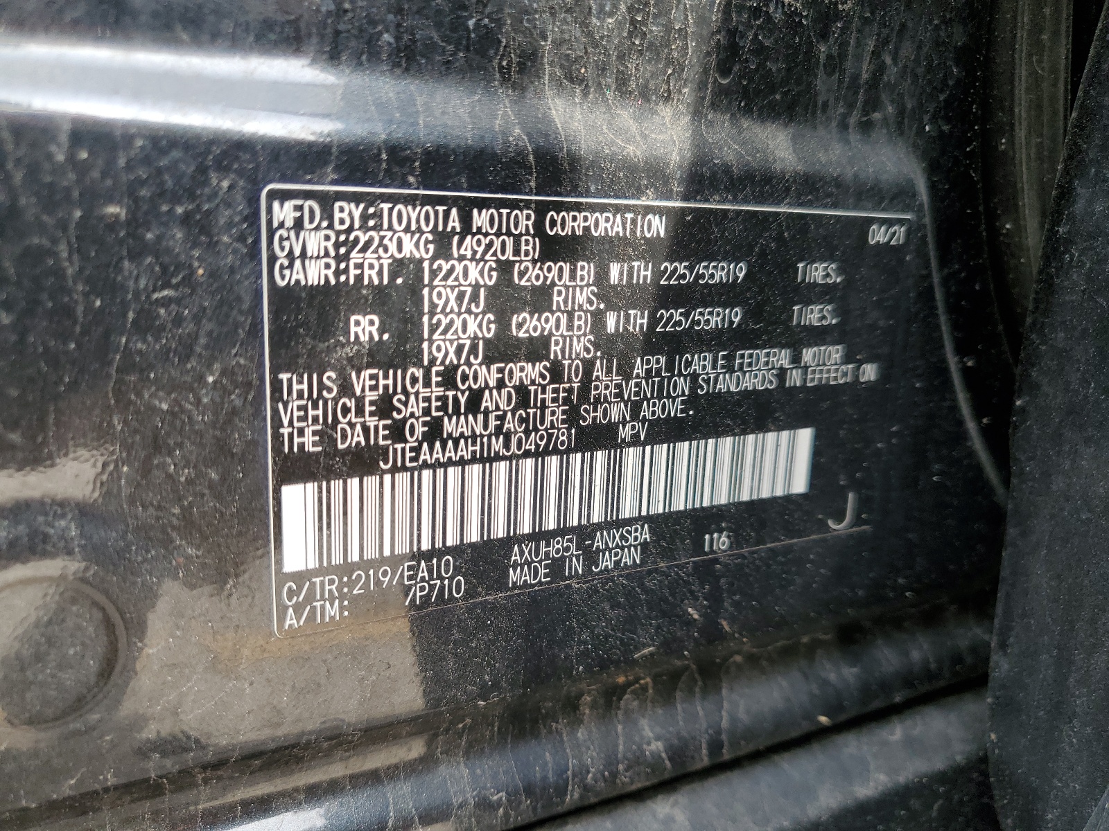 JTEAAAAH1MJ049781 2021 Toyota Venza Le