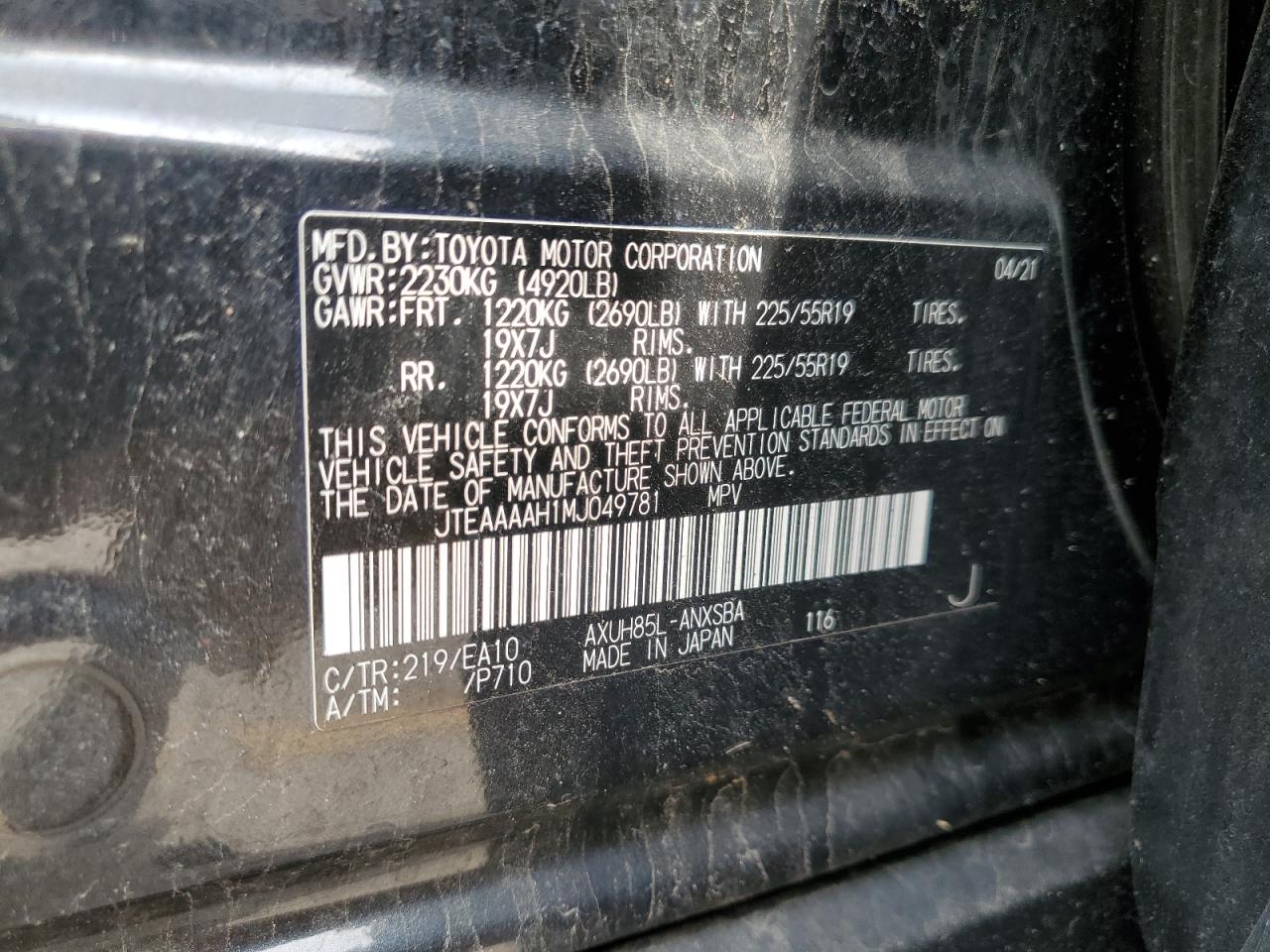 2021 Toyota Venza Le VIN: JTEAAAAH1MJ049781 Lot: 55394204