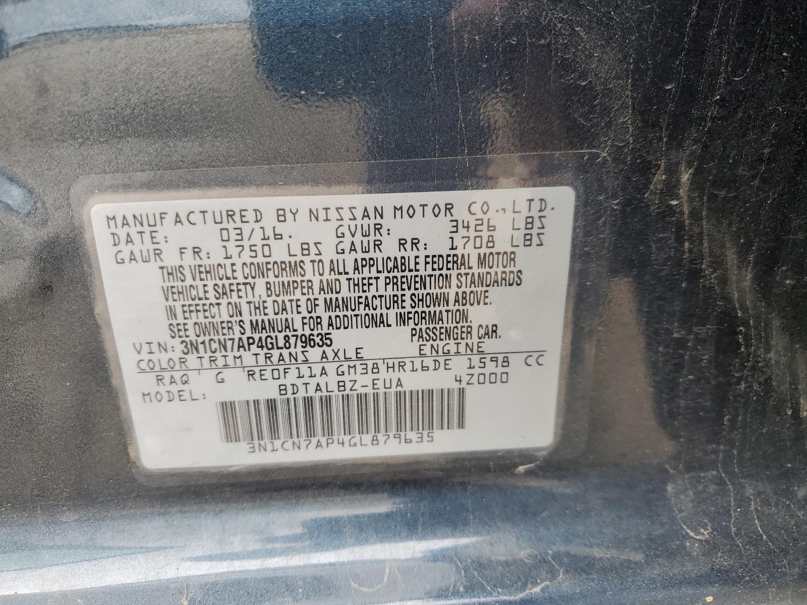 3N1CN7AP4GL879635 2016 Nissan Versa S